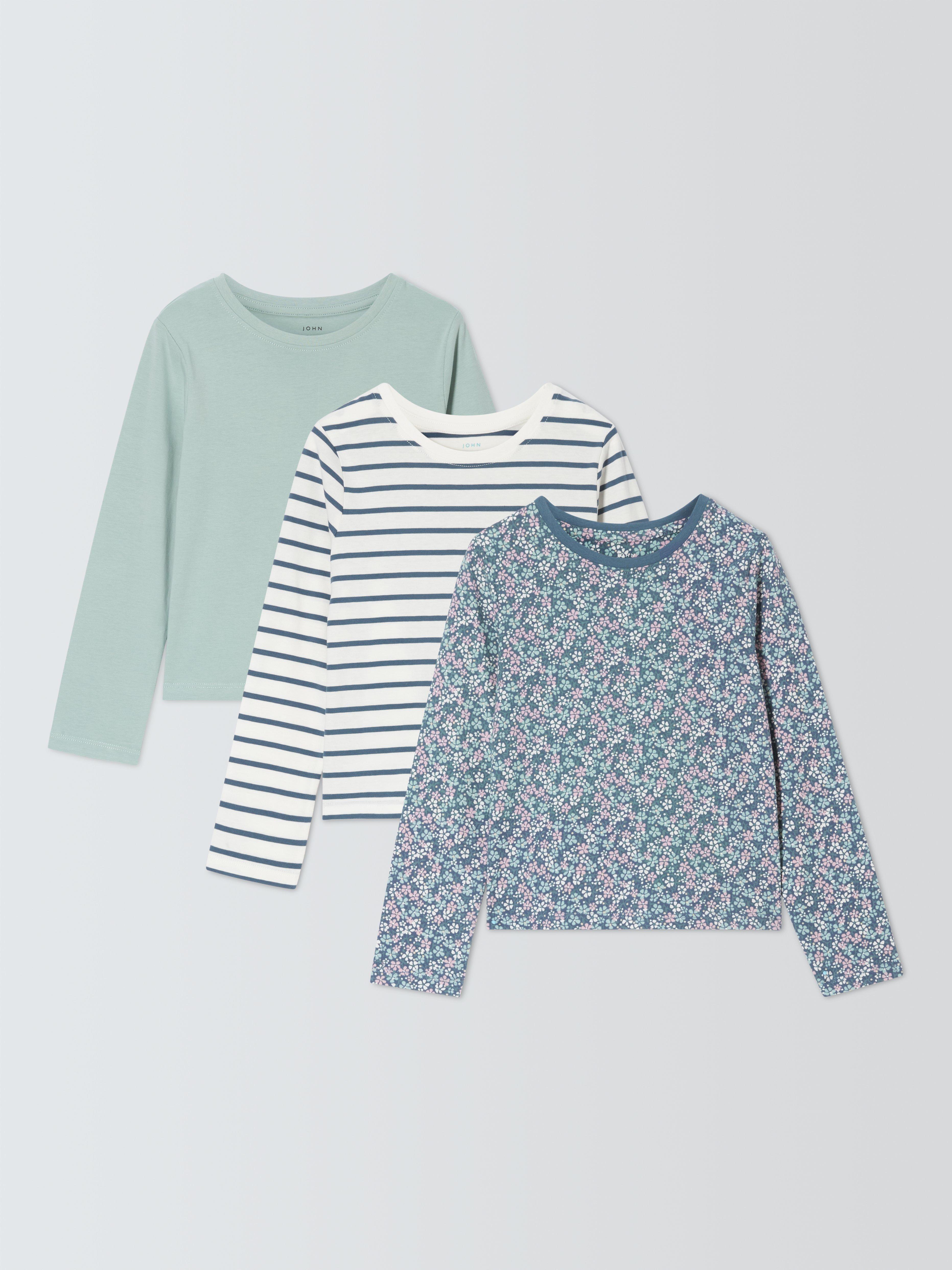 Product image 1 of 7, which shows John Lewis Kids' Plain/Stripe/Floral Long Sleeve Tops, Pack of 3, Multi, 6 years