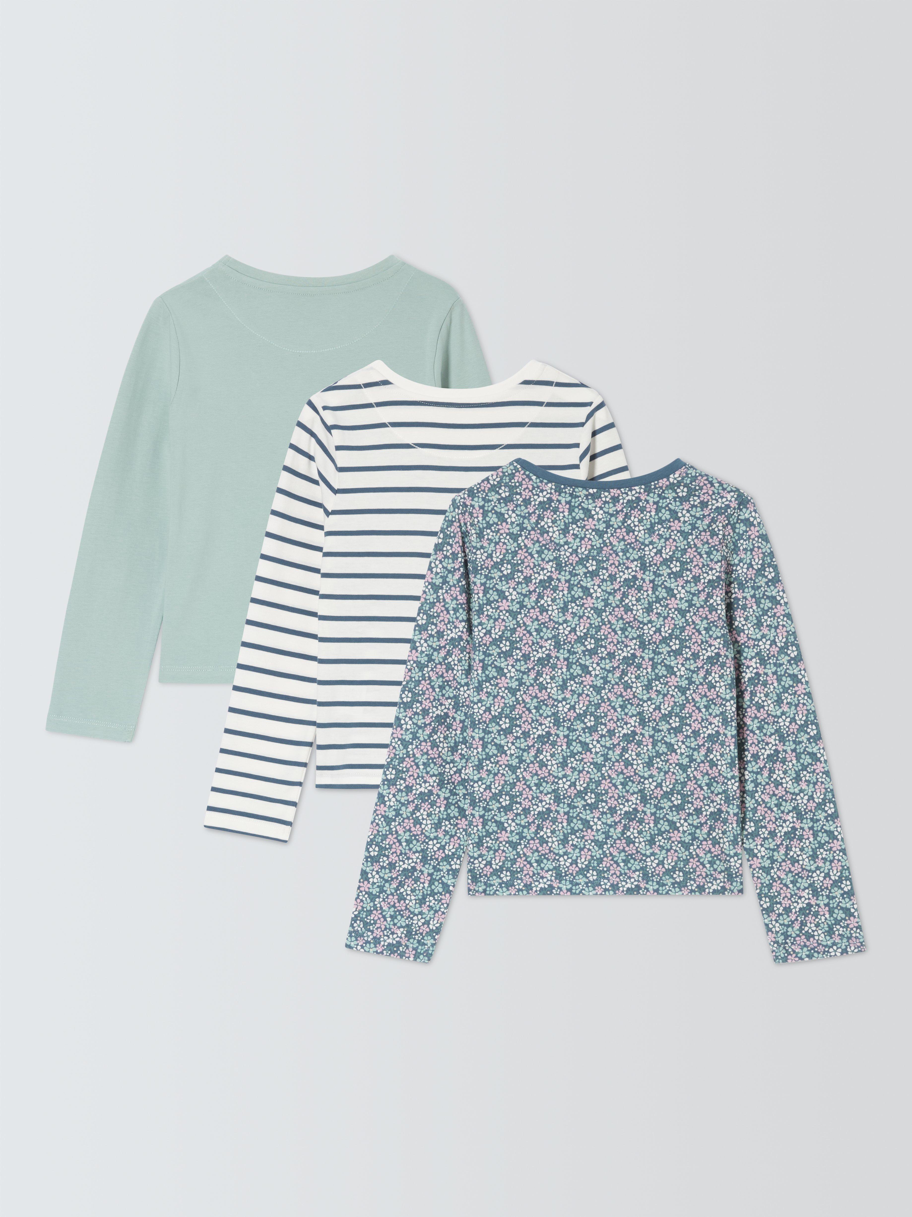 Product image 2 of 7, which shows John Lewis Kids' Plain/Stripe/Floral Long Sleeve Tops, Pack of 3, Multi, 6 years
