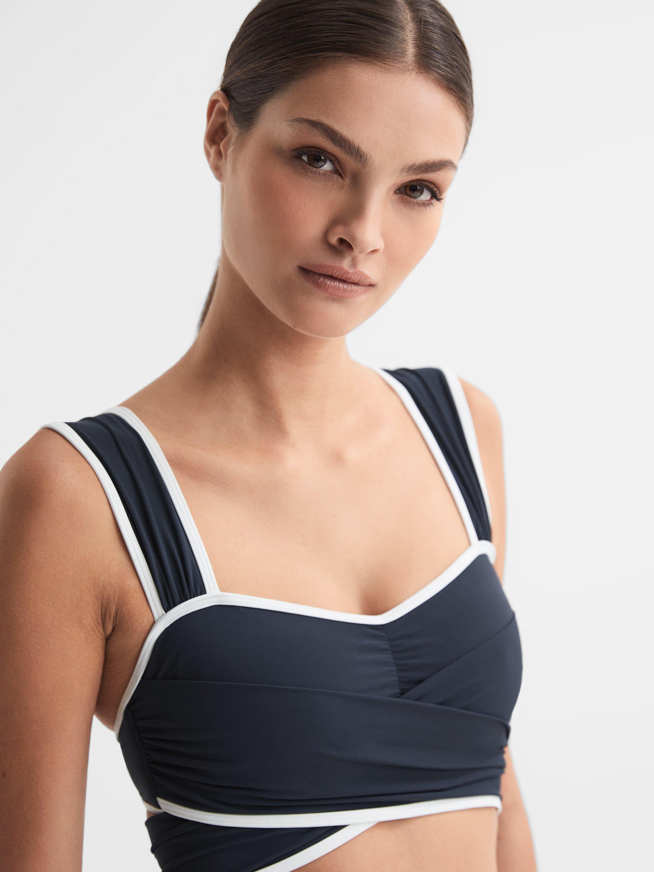 Reiss Cristina Contrast Seam Wrap Bikini Top, Navy/White