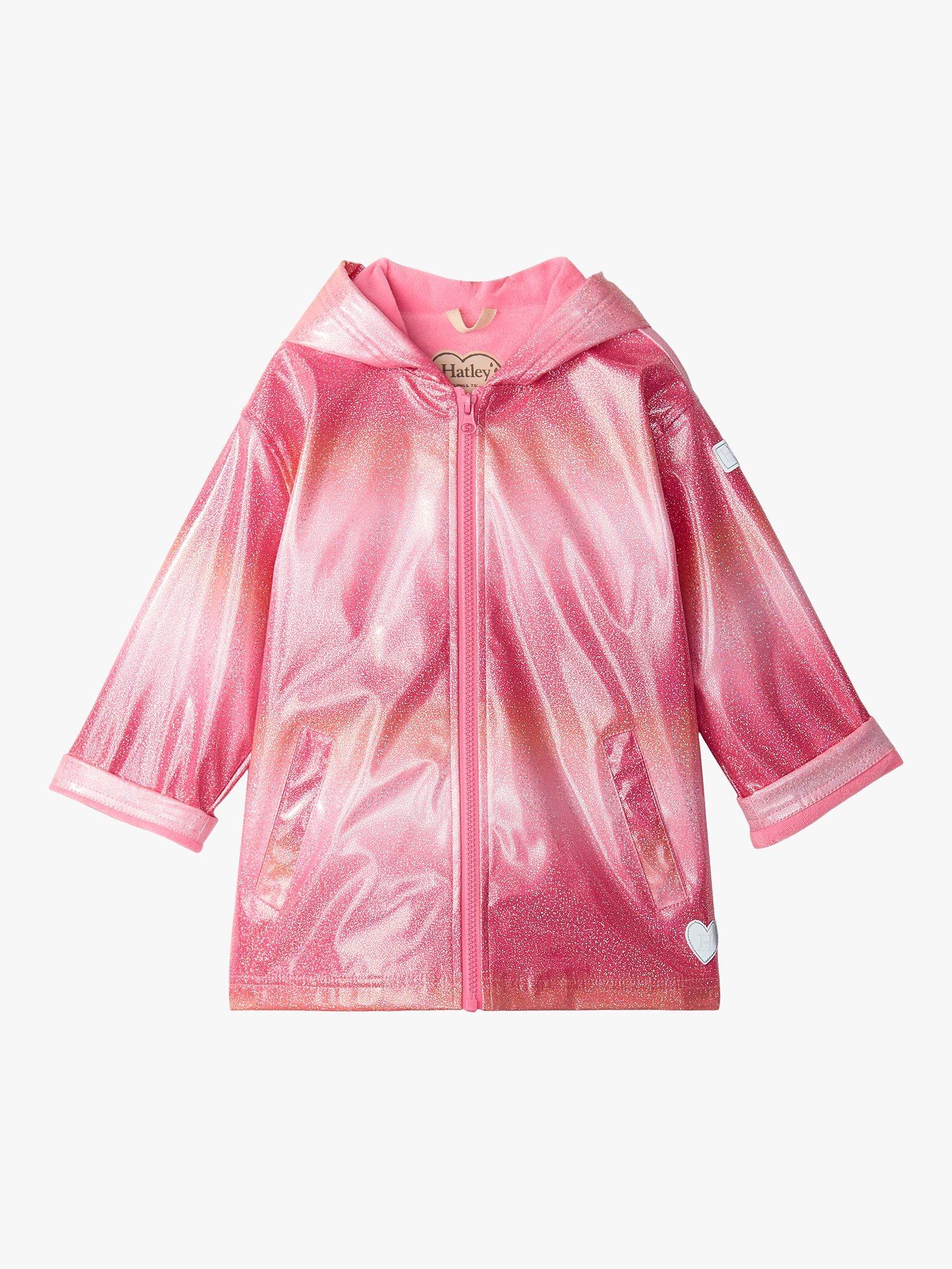 Hatley Kids' Summer Stripe Glitter Zip Up Hooded Rain Jacket, Sachet Pink