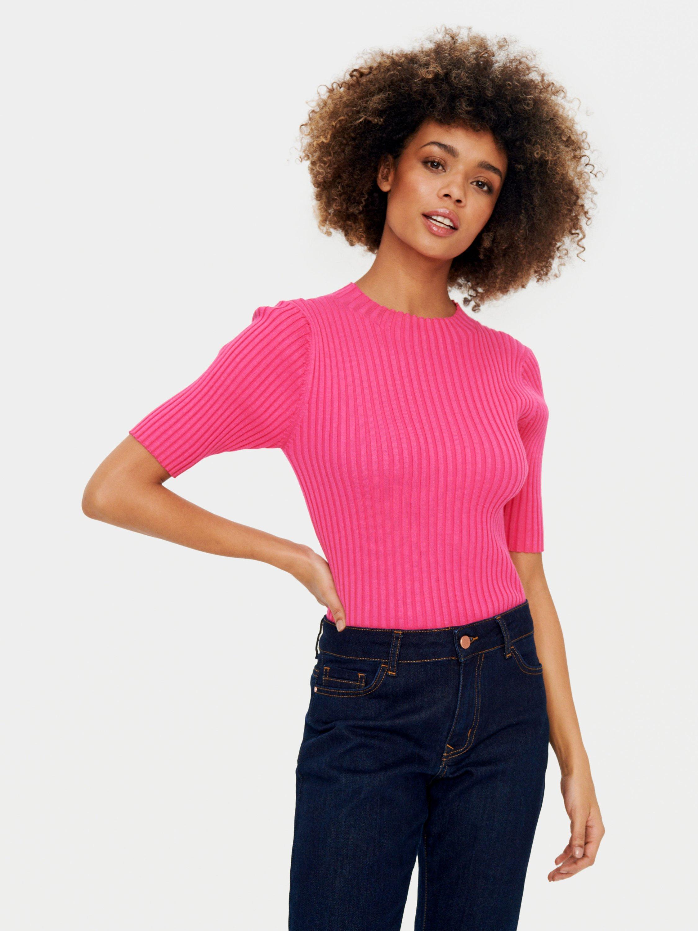 Product image 1 of 6, which shows Saint Tropez Dania Slim Fit Half Sleeve Ribbed Jumper, Fandango Pink, XL