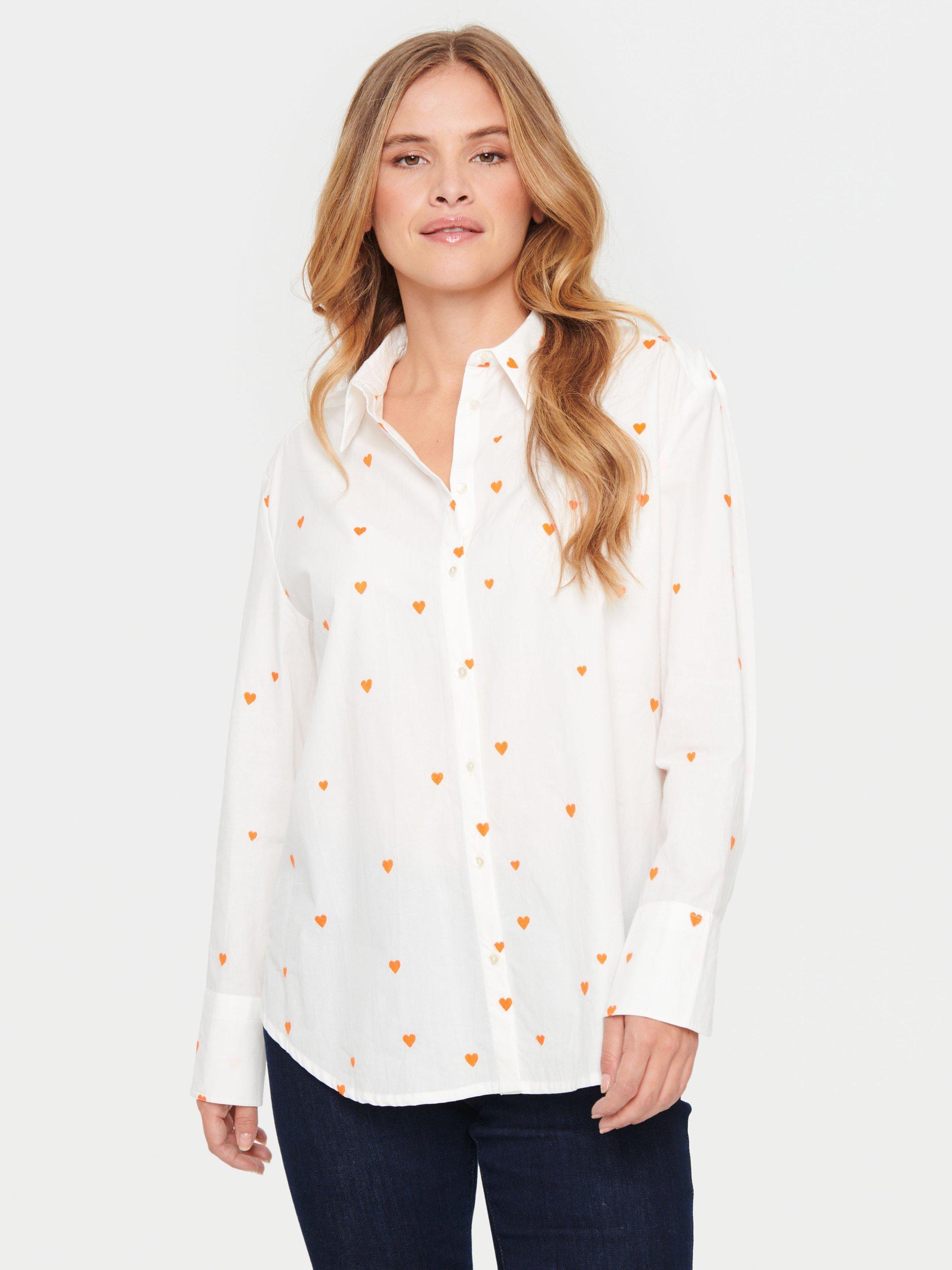 Product image 1 of 6, which shows Saint Tropez Dianne Heart Print Cotton Shirt, White/Tigerlily, M