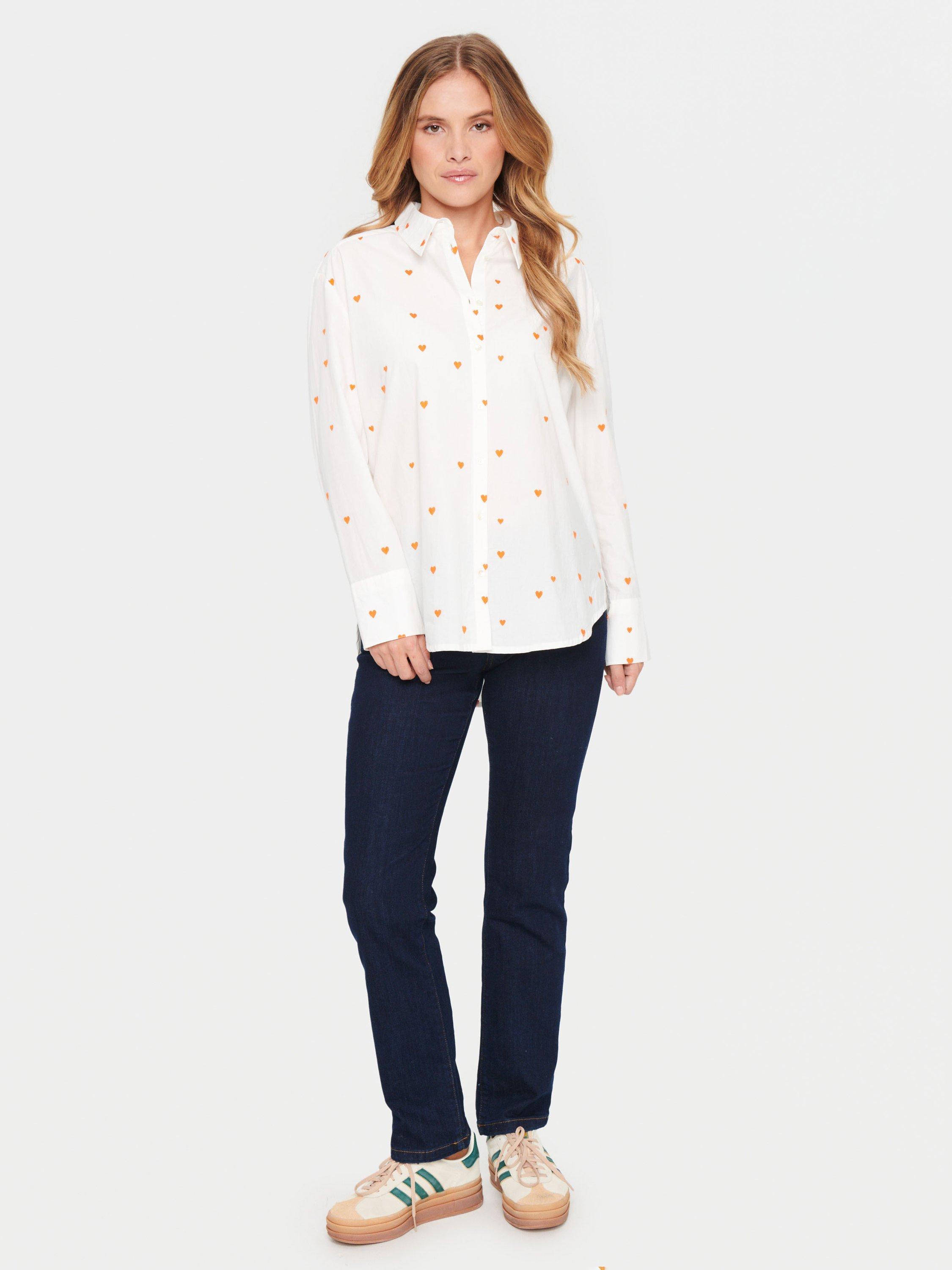 Product image 3 of 6, which shows Saint Tropez Dianne Heart Print Cotton Shirt, White/Tigerlily, M