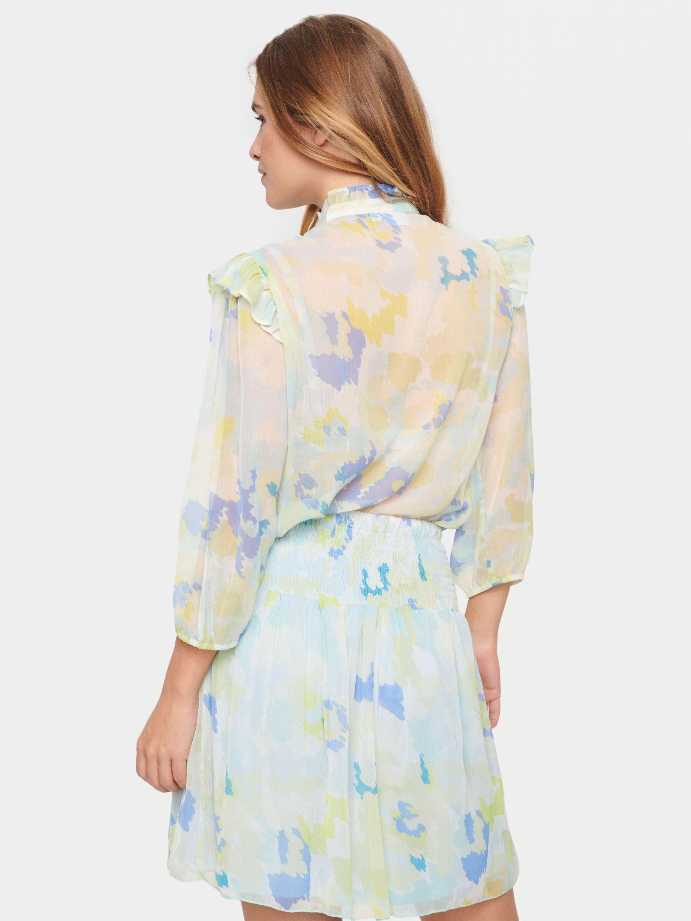 Product image 2 of 6, which shows Saint Tropez Doja Abstract Print Ruffle Trim Shirt, Water Hues, L