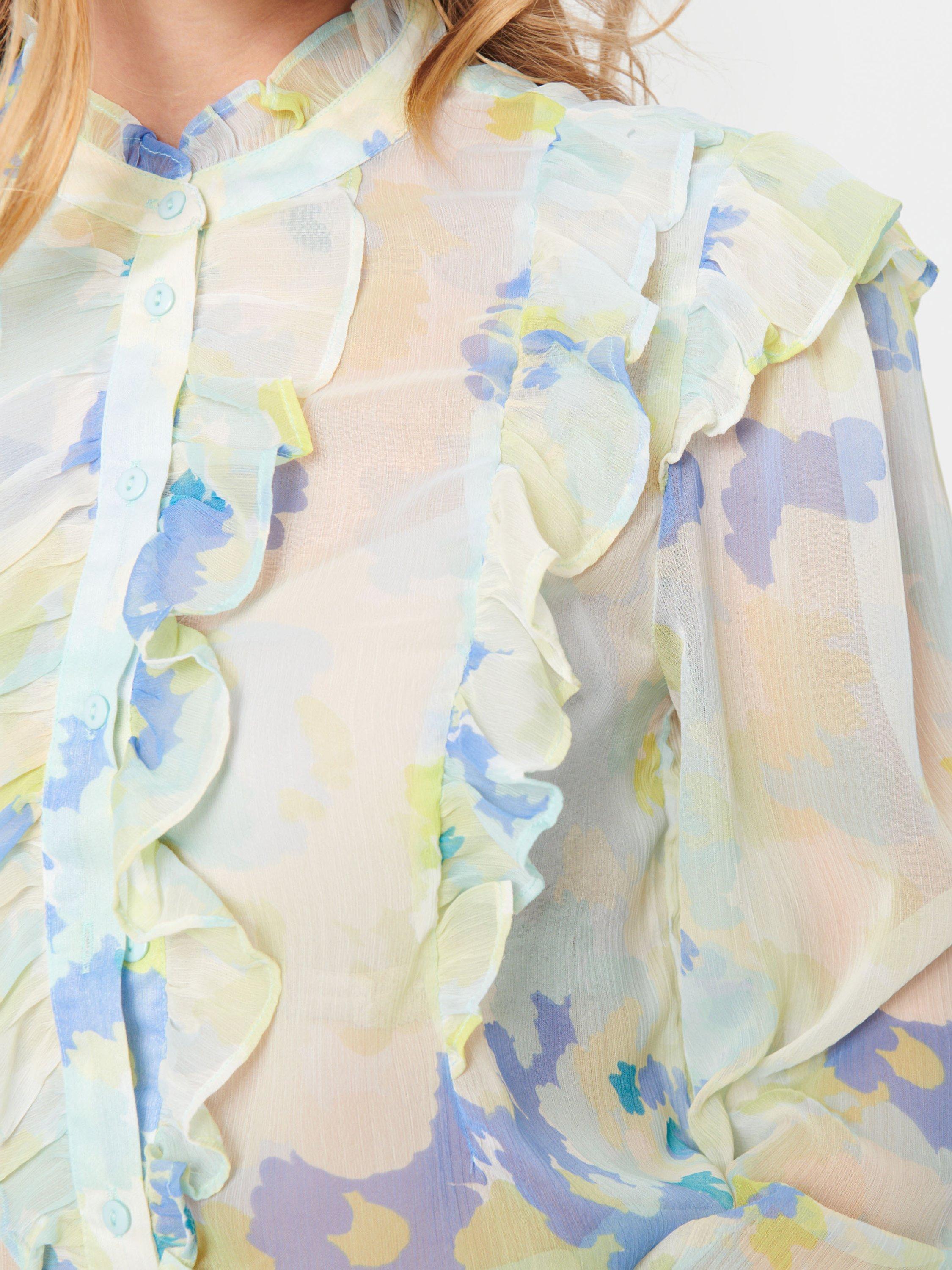 Product image 4 of 6, which shows Saint Tropez Doja Abstract Print Ruffle Trim Shirt, Water Hues, L