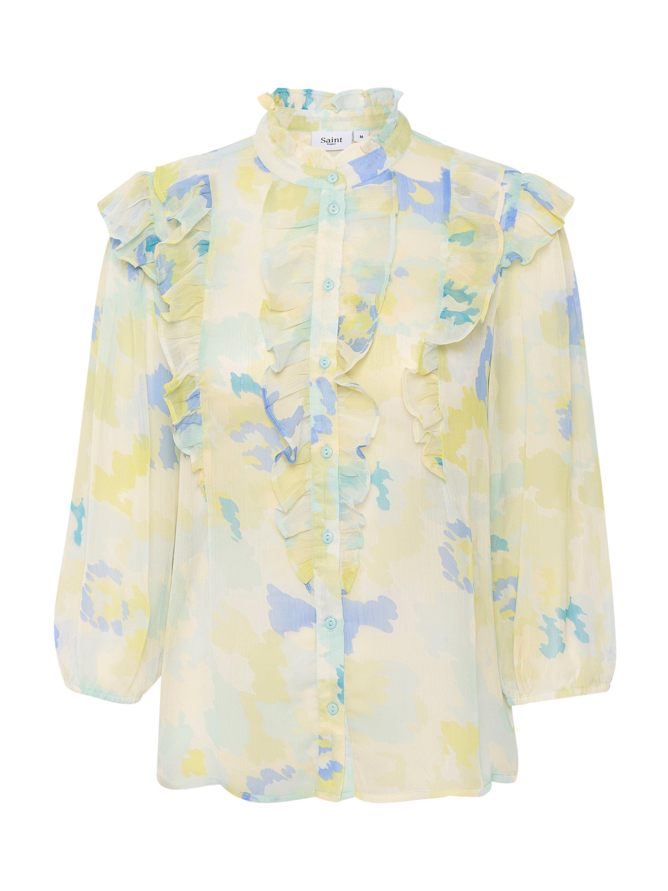 Product image 5 of 6, which shows Saint Tropez Doja Abstract Print Ruffle Trim Shirt, Water Hues, L