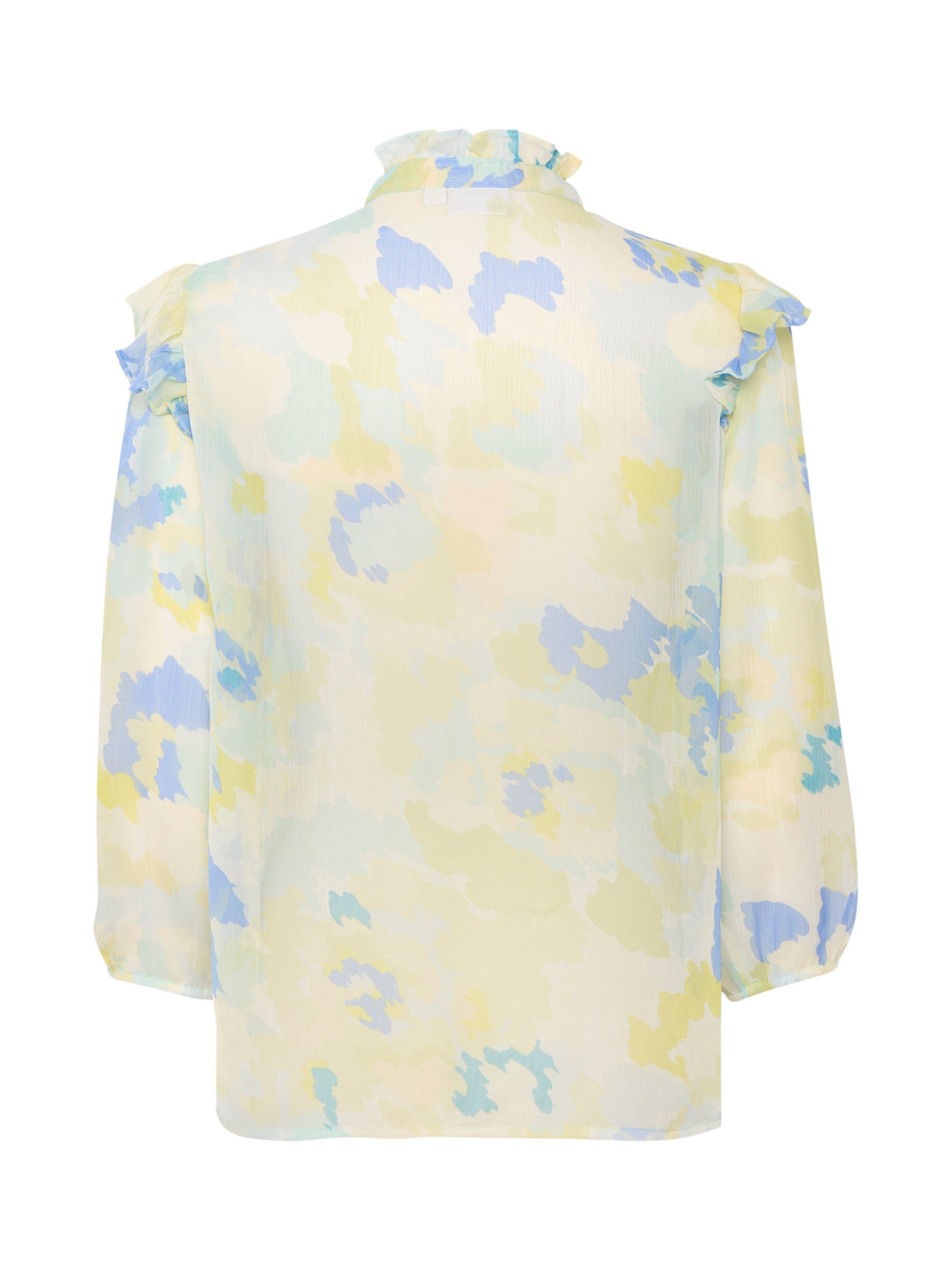 Product image 6 of 6, which shows Saint Tropez Doja Abstract Print Ruffle Trim Shirt, Water Hues, L