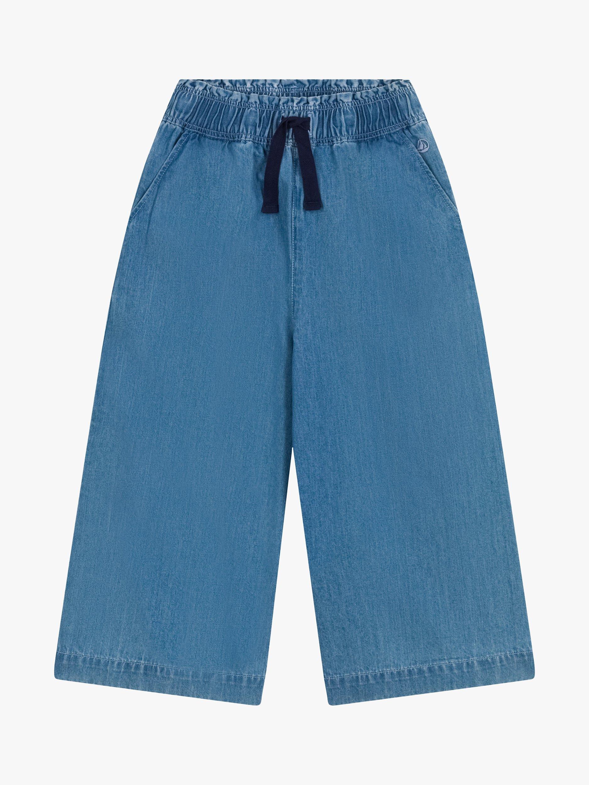 Product image 1 of 3, which shows Petit Bateau Kids' Light Denim Wide Leg Jeans, Denim Clair, 3 years