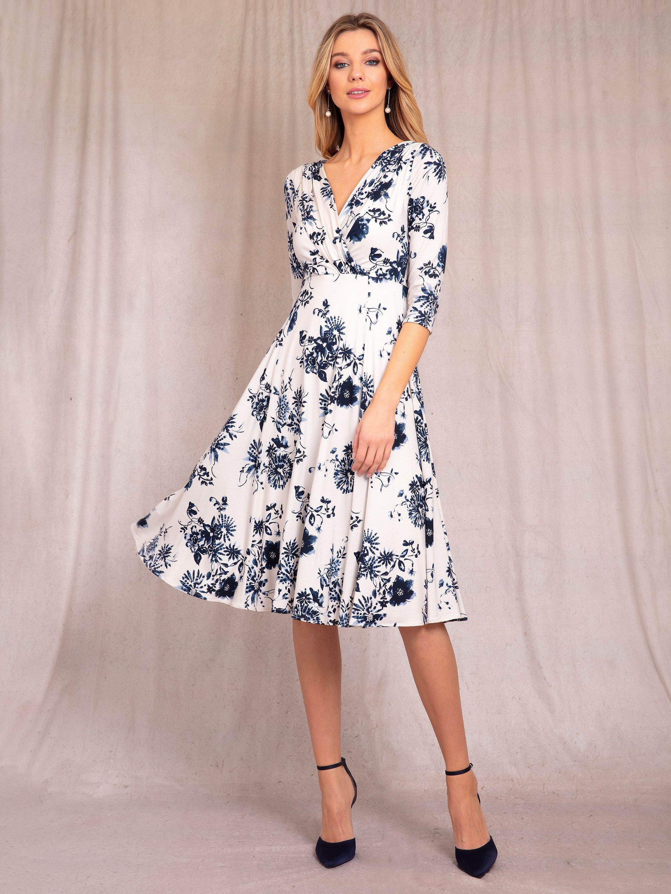 Product image 3 of 8, which shows Alie Street Annie Floral Print Jersey Midi Dress, Oyster/Blue, 6-8