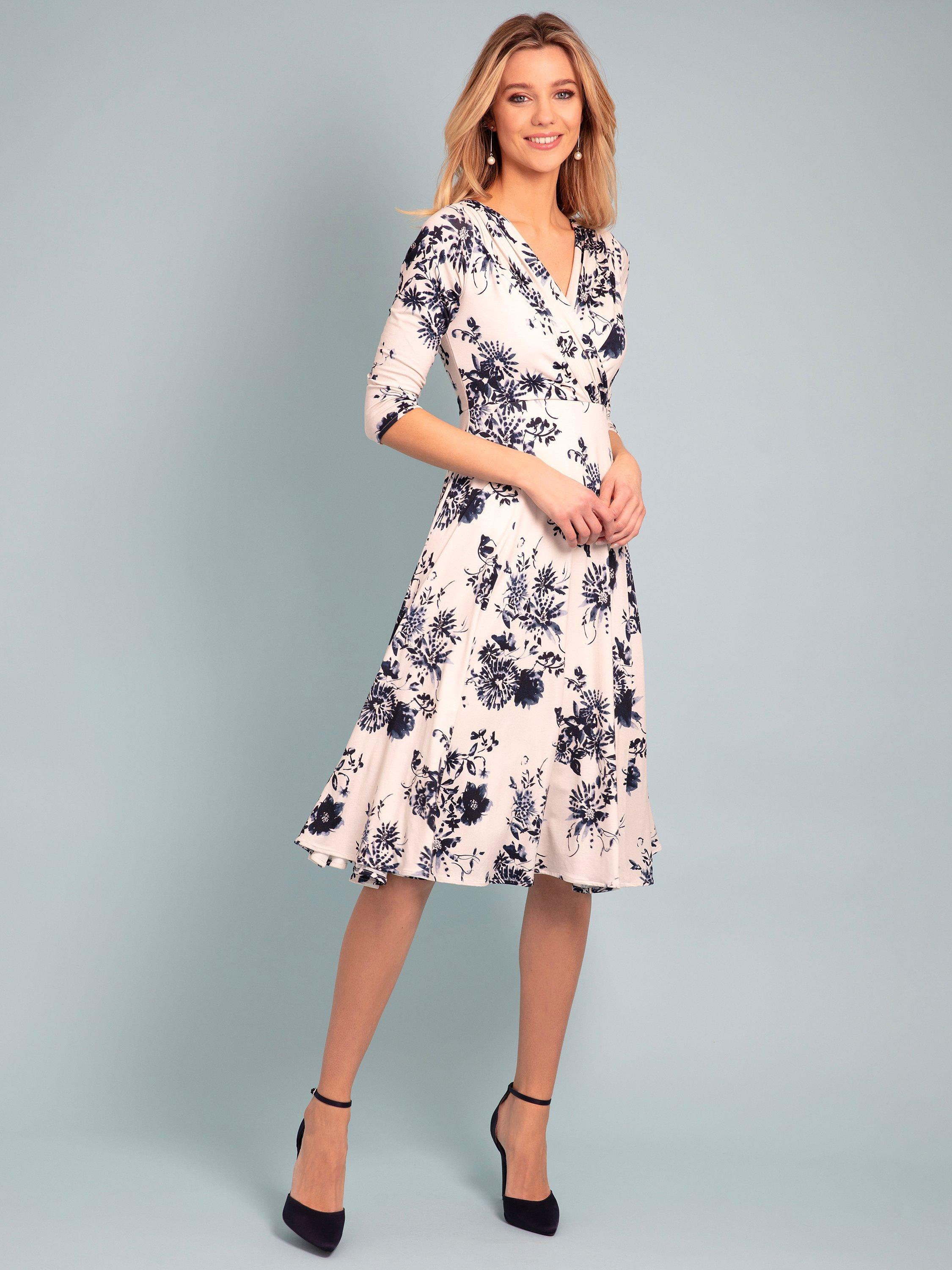 Product image 8 of 8, which shows Alie Street Annie Floral Print Jersey Midi Dress, Oyster/Blue, 6-8