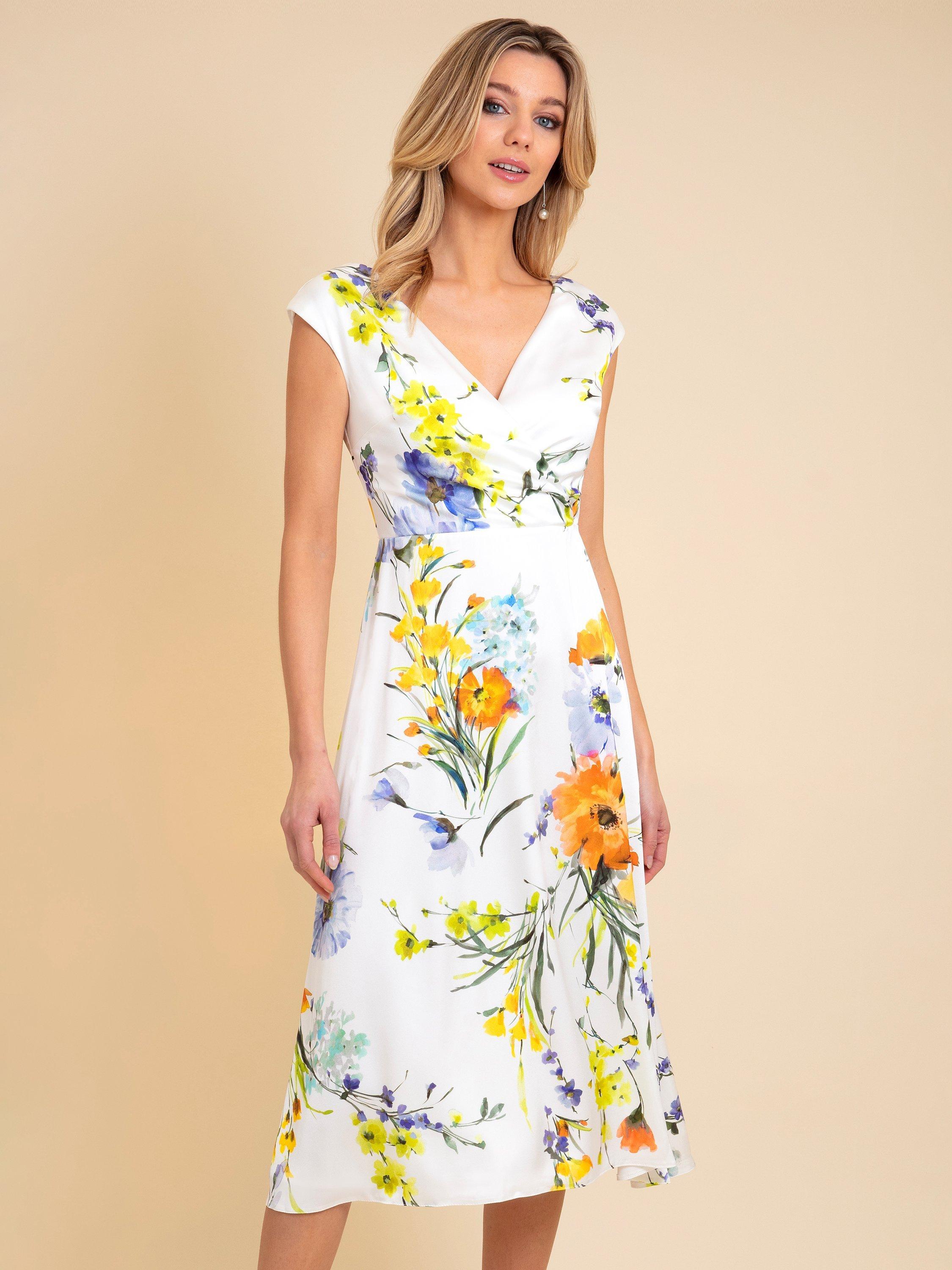Product image 1 of 4, which shows Alie Street Grace Floral Brights Midi Dress, White/Multi, 16-18