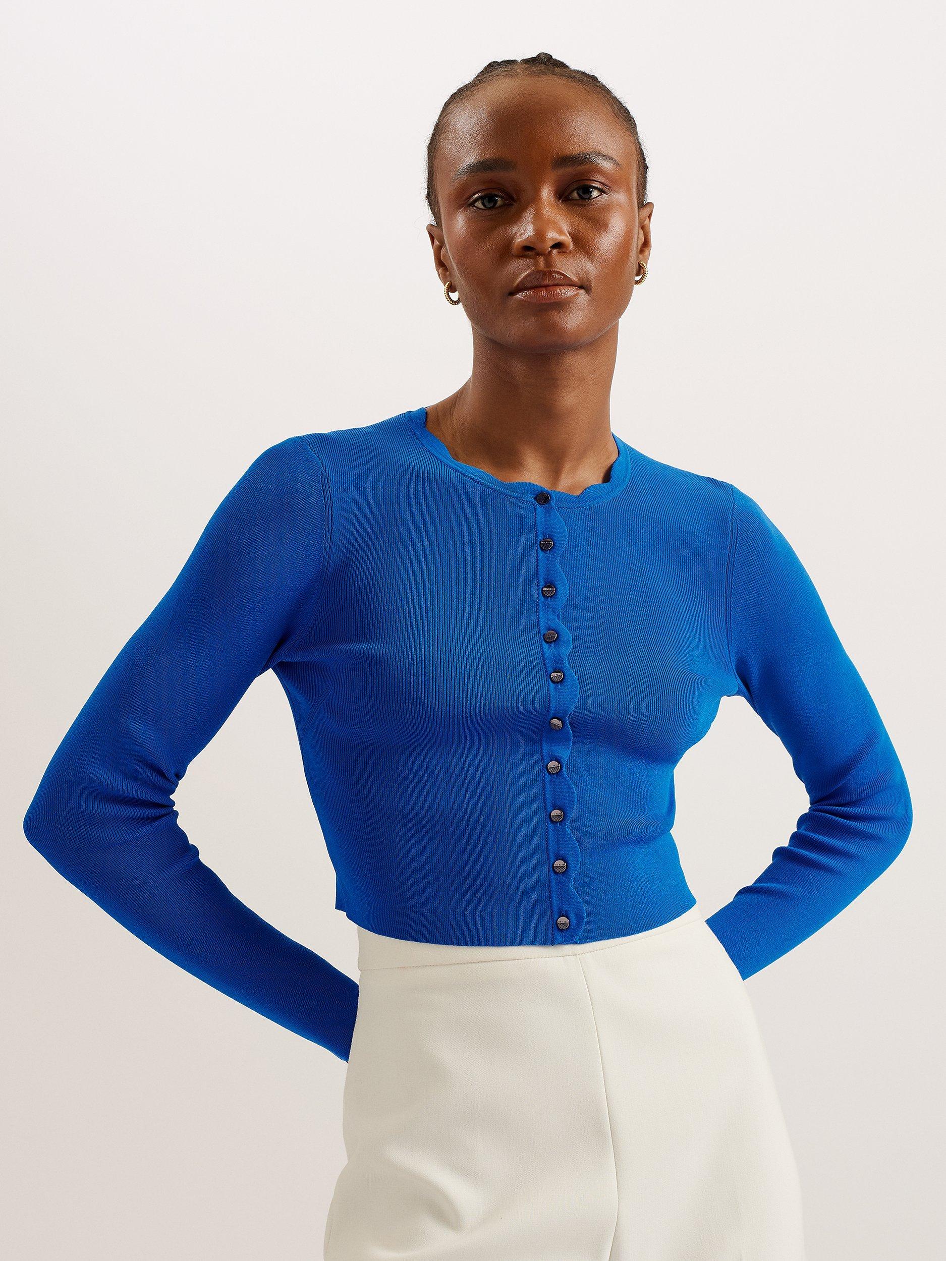 Ted Baker KKlara Scallop Trim Rib Knit Cardigan, Blue