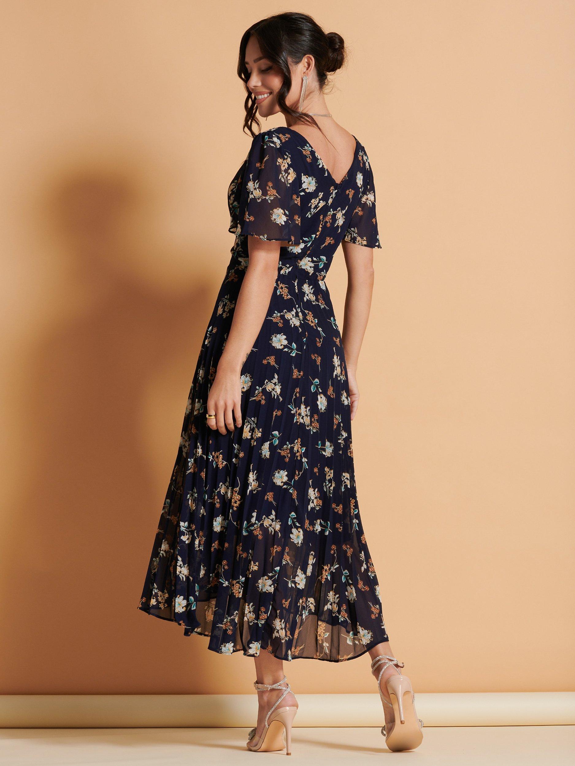 Product image 2 of 7, which shows Jolie Moi Pleated Floral Chiffon Maxi Dress, Navy/Multi, 8