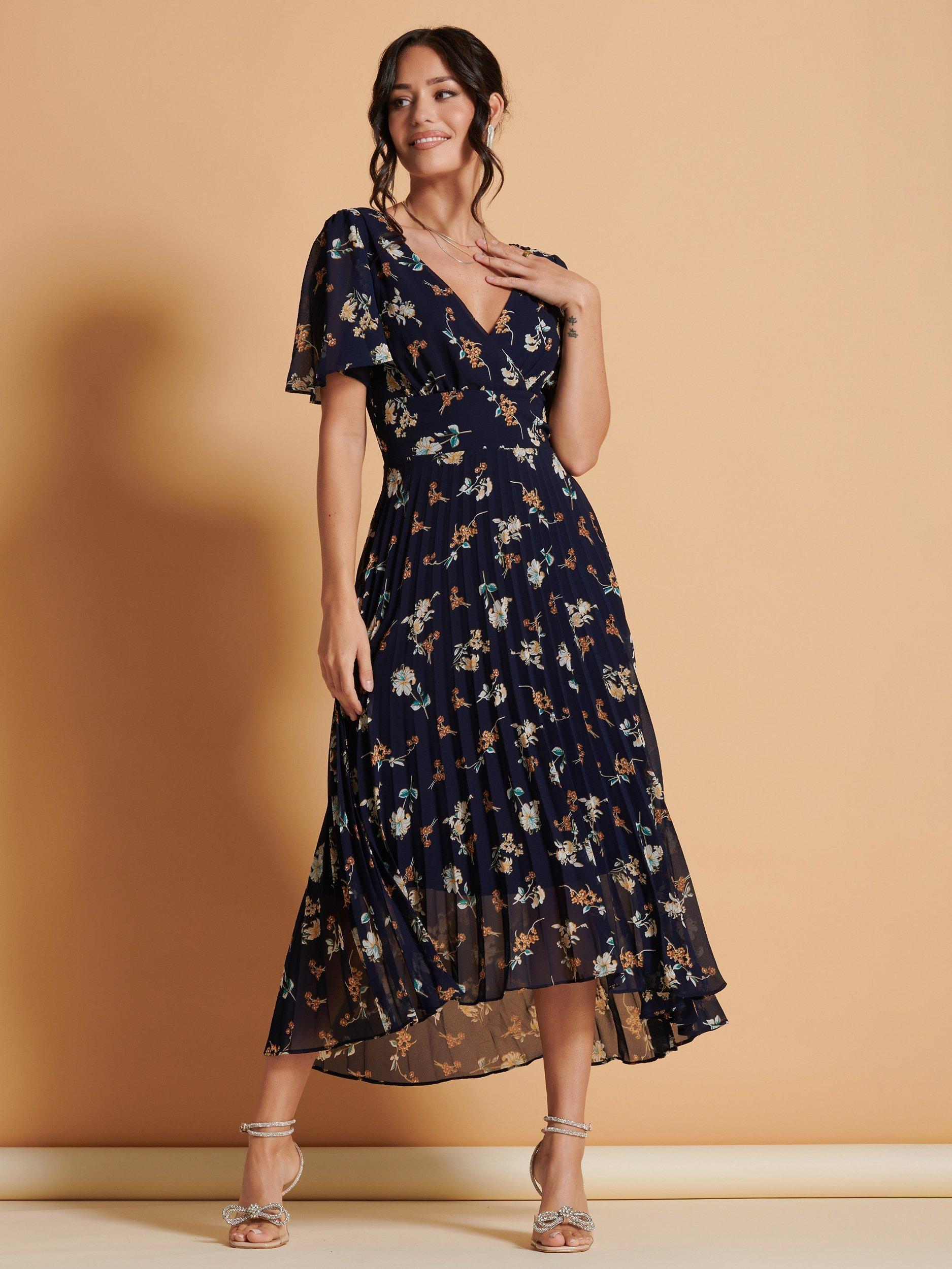 Product image 3 of 7, which shows Jolie Moi Pleated Floral Chiffon Maxi Dress, Navy/Multi, 8