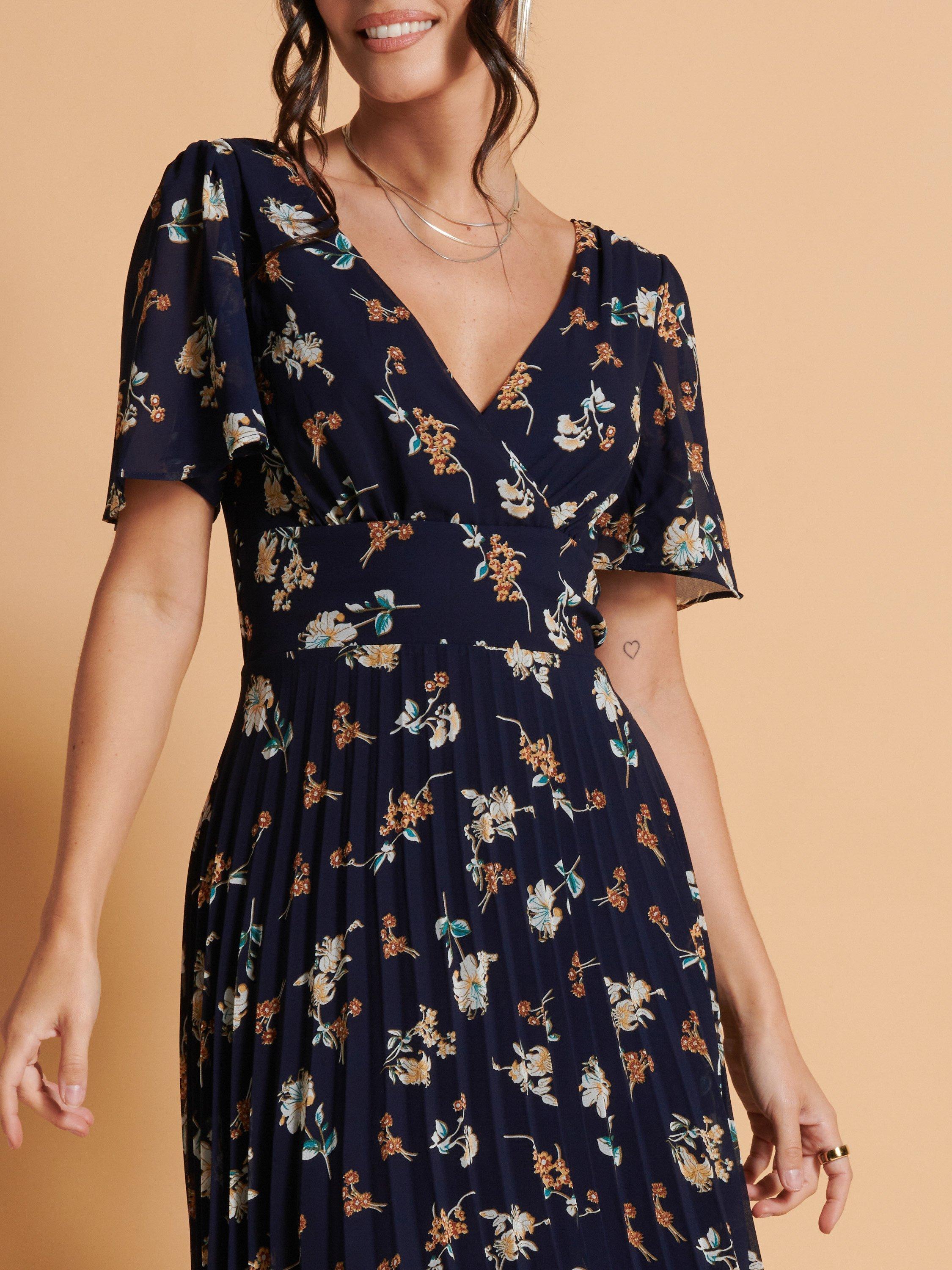 Product image 4 of 7, which shows Jolie Moi Pleated Floral Chiffon Maxi Dress, Navy/Multi, 8