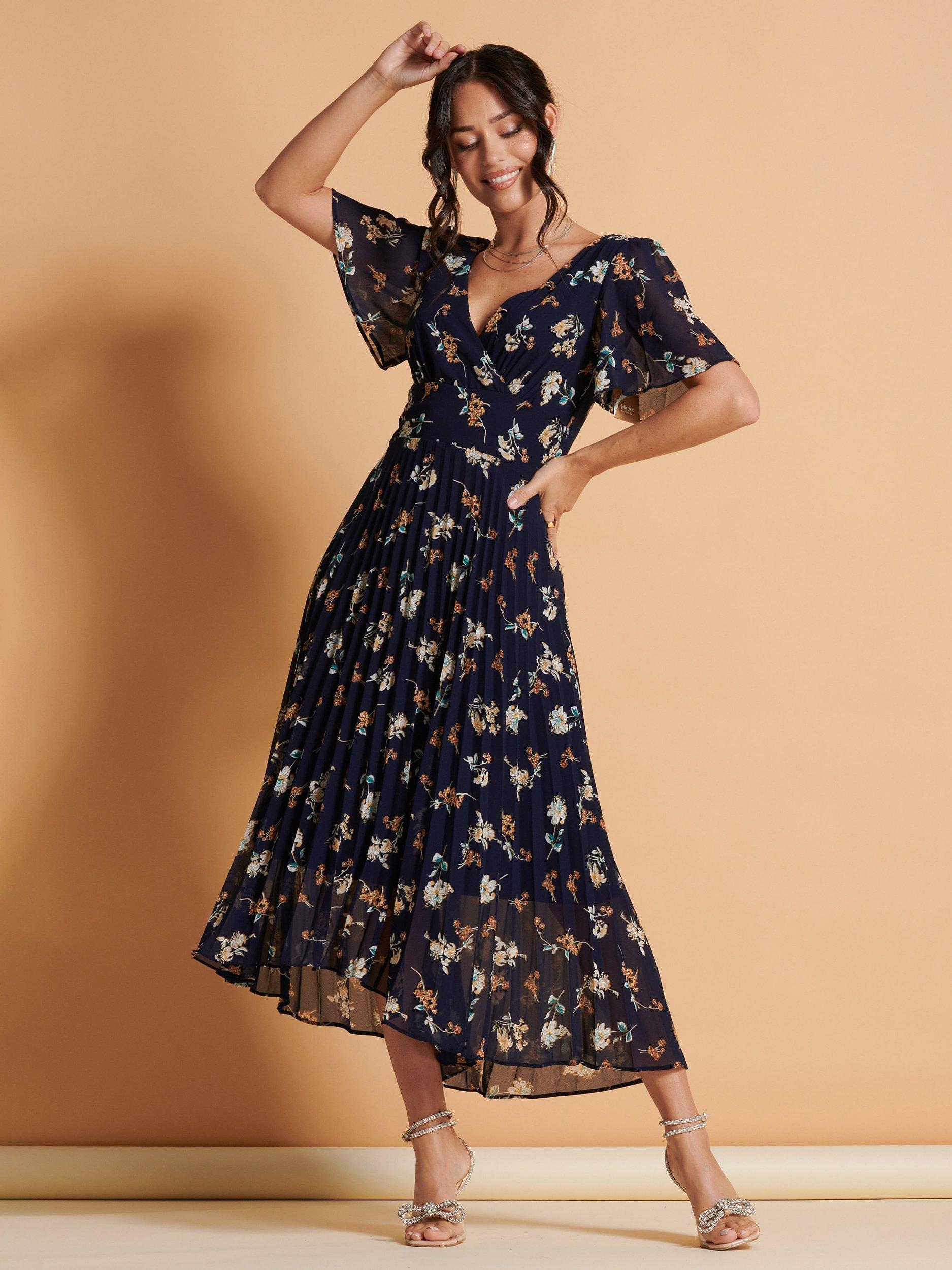 Product image 5 of 7, which shows Jolie Moi Pleated Floral Chiffon Maxi Dress, Navy/Multi, 8