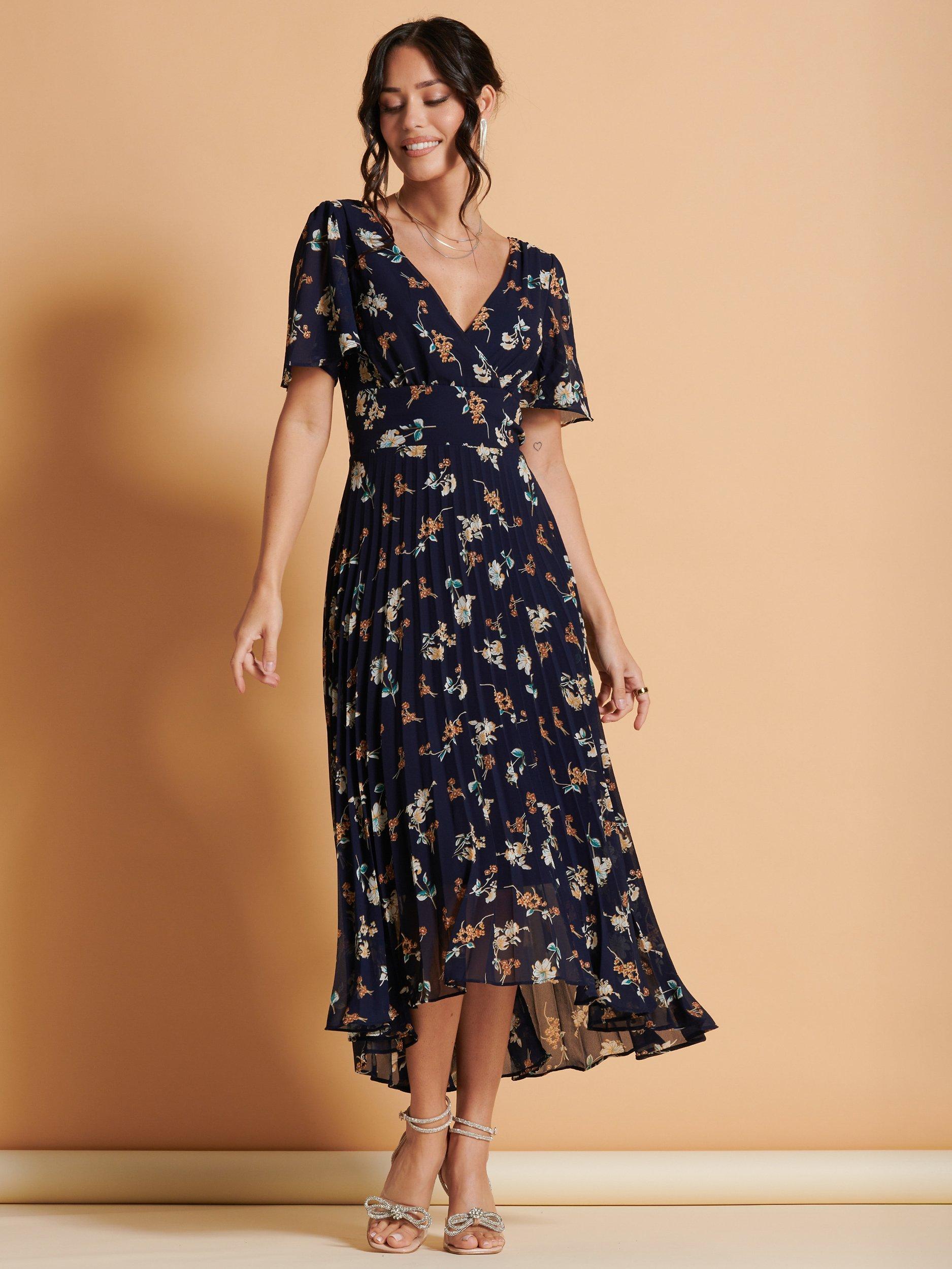 Product image 6 of 7, which shows Jolie Moi Pleated Floral Chiffon Maxi Dress, Navy/Multi, 8