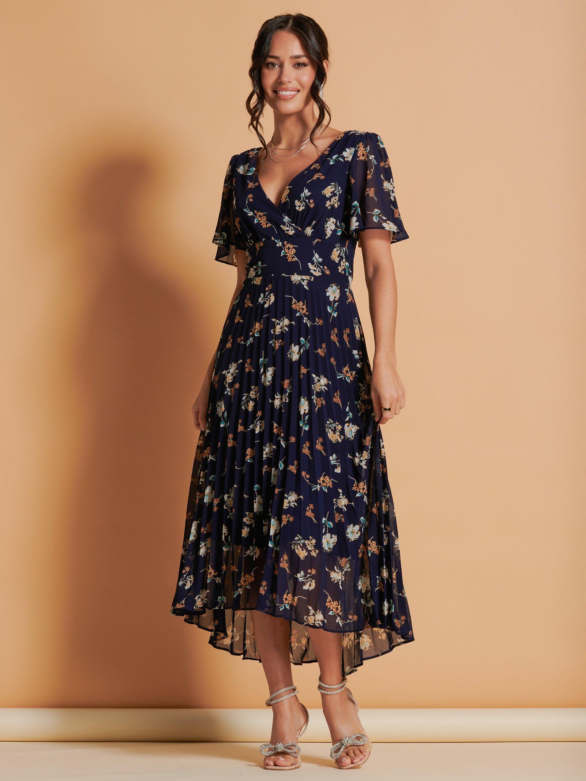 Product image 7 of 7, which shows Jolie Moi Pleated Floral Chiffon Maxi Dress, Navy/Multi, 8