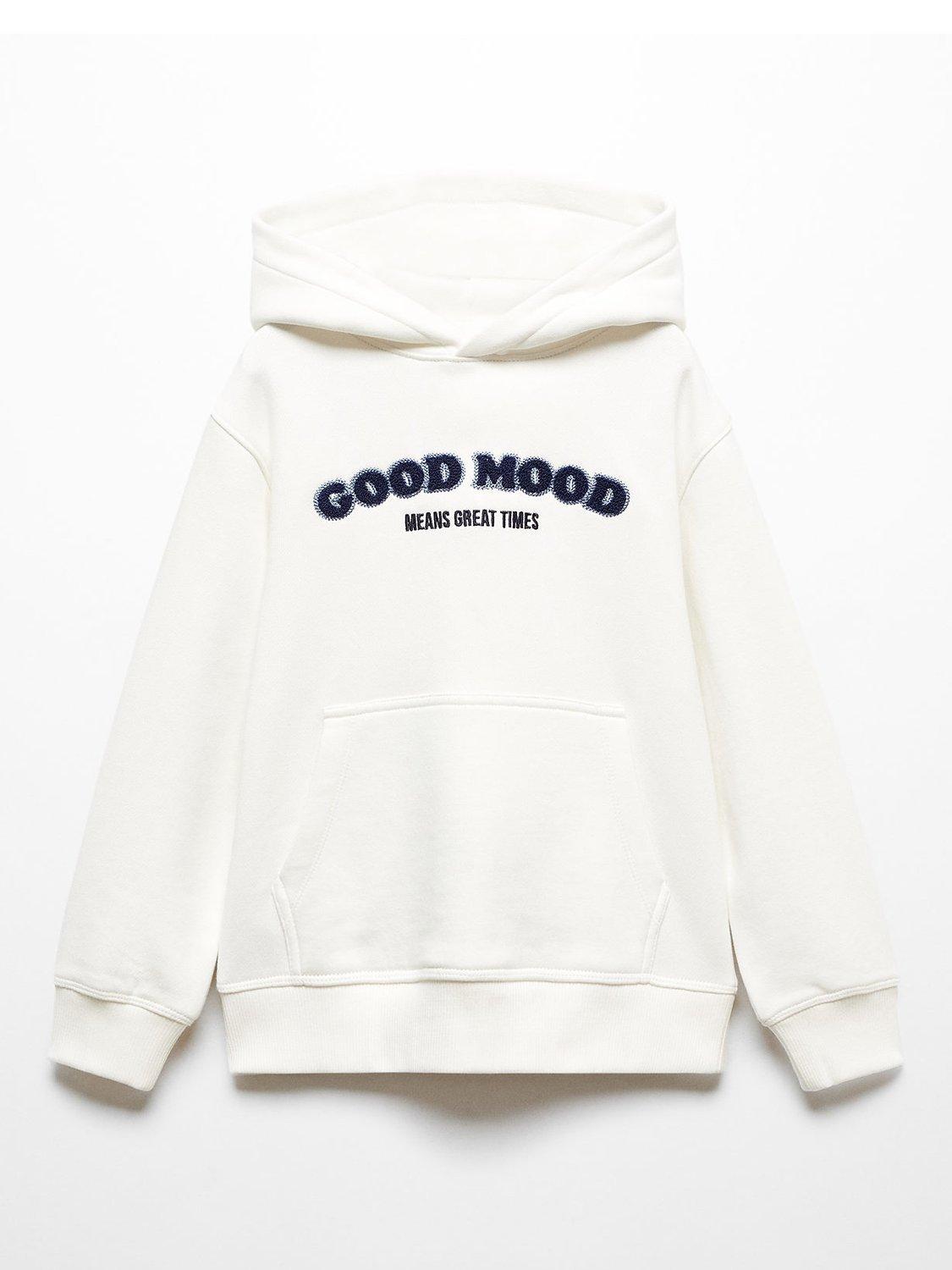 Mango Kids' Goodmood Embroidered Hooded Sweatshirt, Natural White