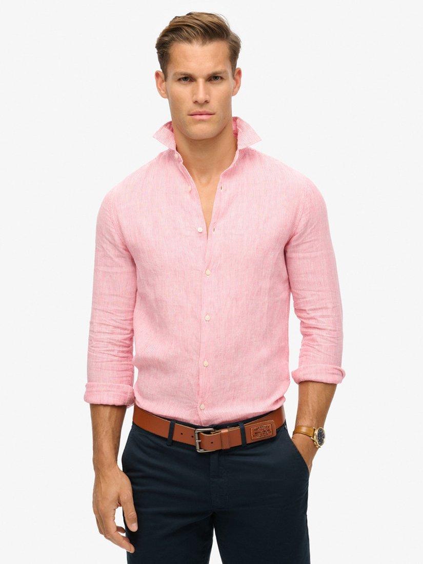 Superdry Stripe Linen Long Sleeve Shirt, House Pink Stripe, XL