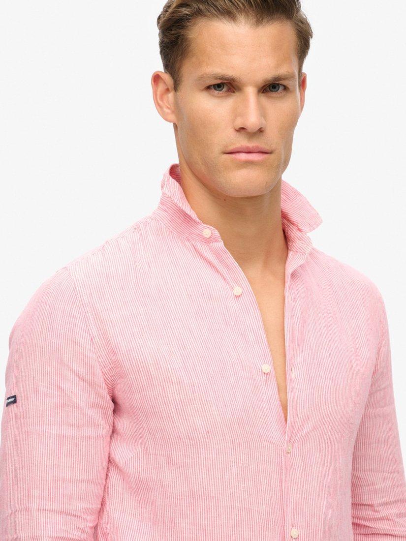 Superdry Stripe Linen Long Sleeve Shirt, House Pink Stripe, XL