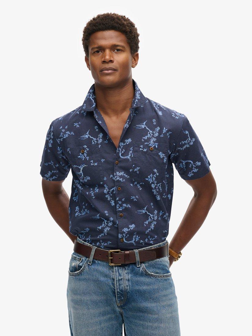 Superdry Linen Blend Short Sleeve Beach Shirt, Indigo Floral, S