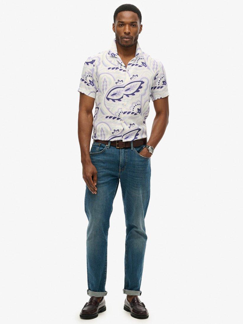 Product image 3 of 6, which shows Superdry Open Collar Abstract Laurel print Linen Shirt, Grey/Multi, S