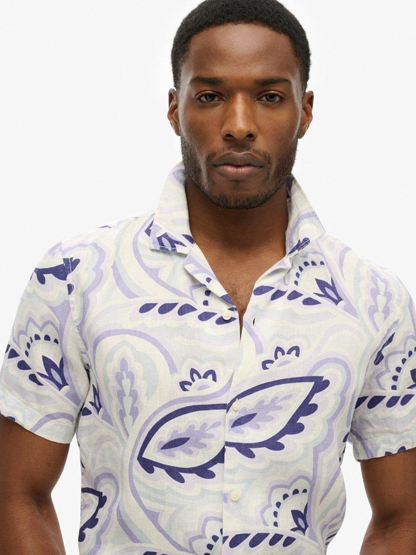 Product image 5 of 6, which shows Superdry Open Collar Abstract Laurel print Linen Shirt, Grey/Multi, S