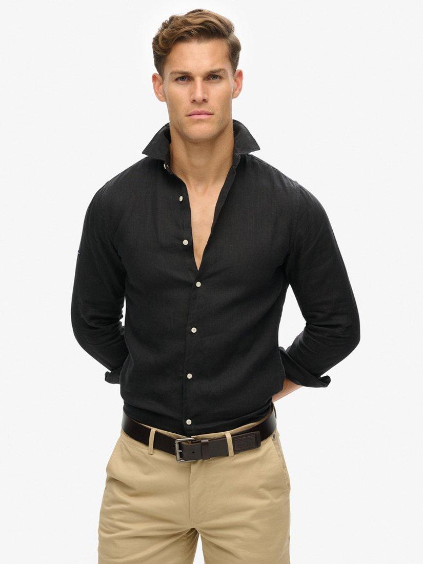 Product image 1 of 6, which shows Superdry Casual Linen Long Sleeve Shirt, Black, S