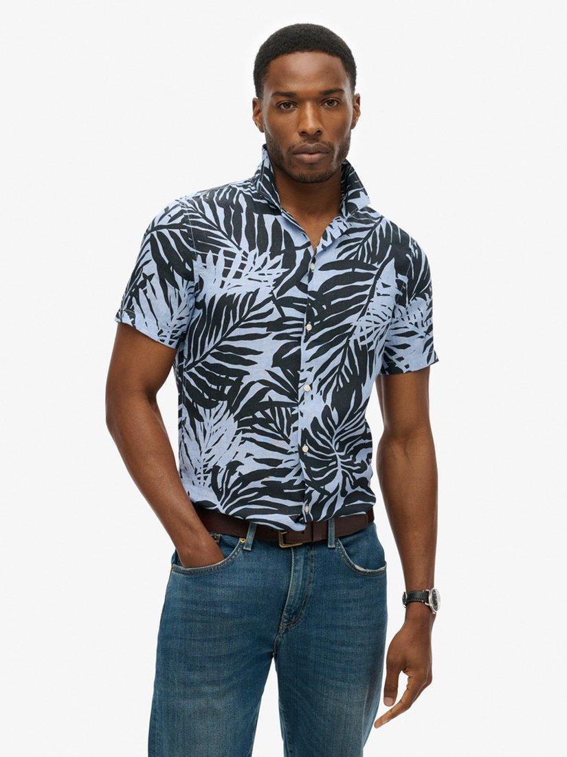 Superdry Open Collar Palm Print Linen Shirt, Blue