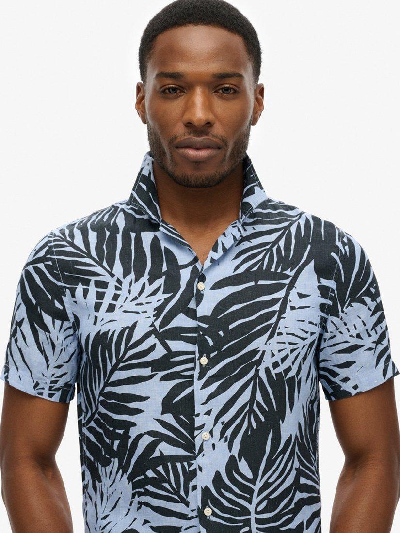 Superdry Open Collar Palm Print Linen Shirt, Blue, XL