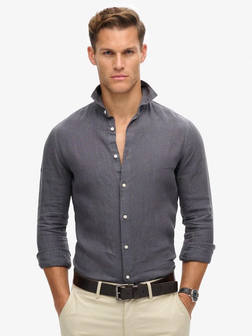 Product image 1 of 6, which shows Superdry Casual Linen Long Sleeve Shirt, Castlerock Grey, S