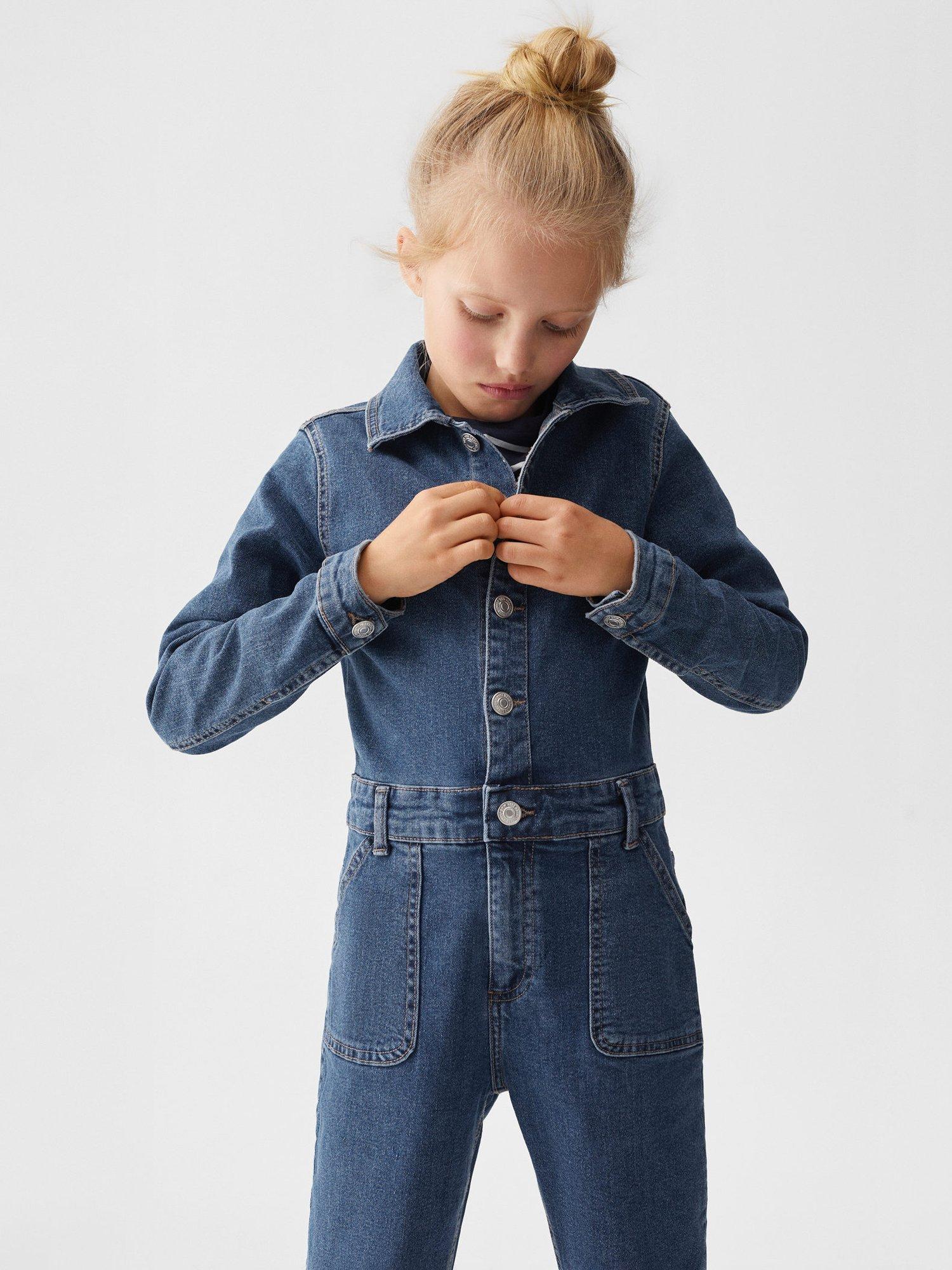 Mango Kids' Worker Denim Jumpsuit, Open Blue