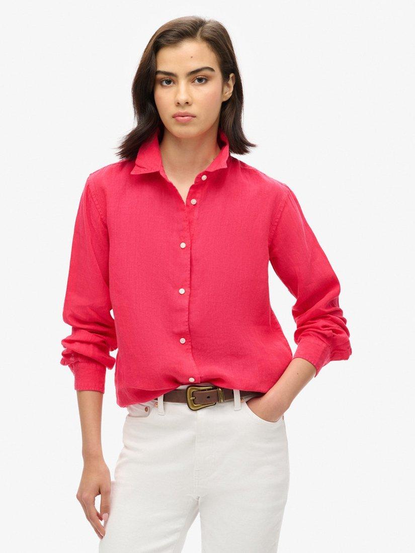 Superdry Casual Linen Boyfriend Shirt, Electric Pink, 16