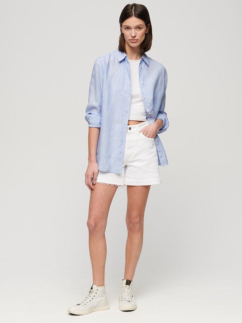 Product image 2 of 5, which shows Superdry Casual Linen Boyfriend Shirt, Blue Bonnet Stripe, 8