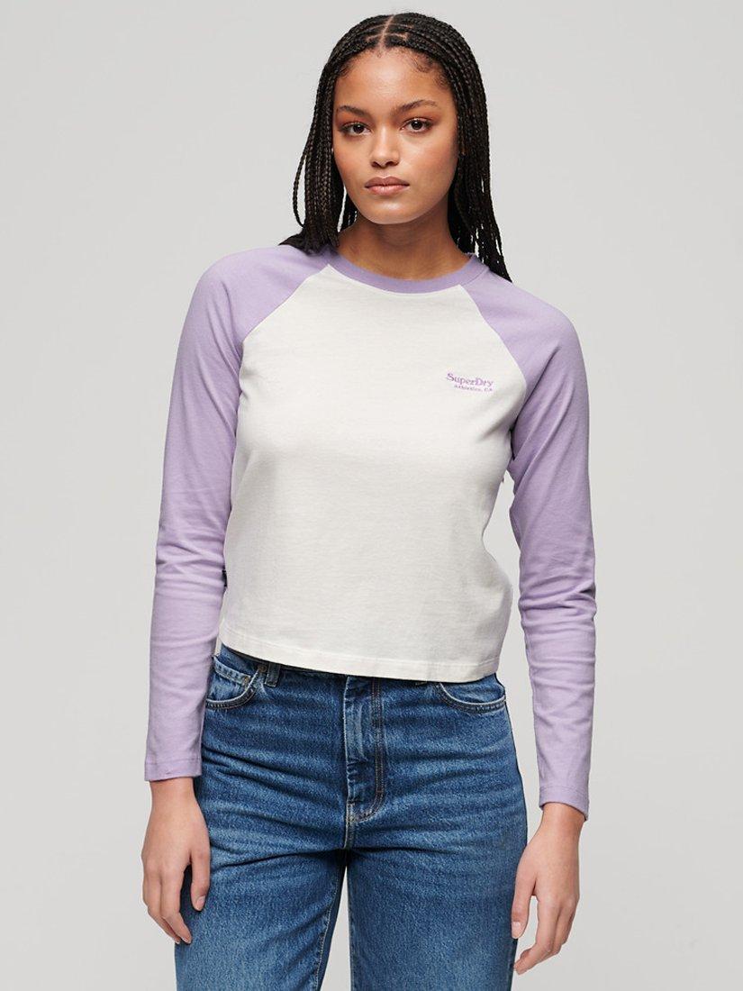 Superdry Essential Logo Long Sleeve Top, Purple/Off White