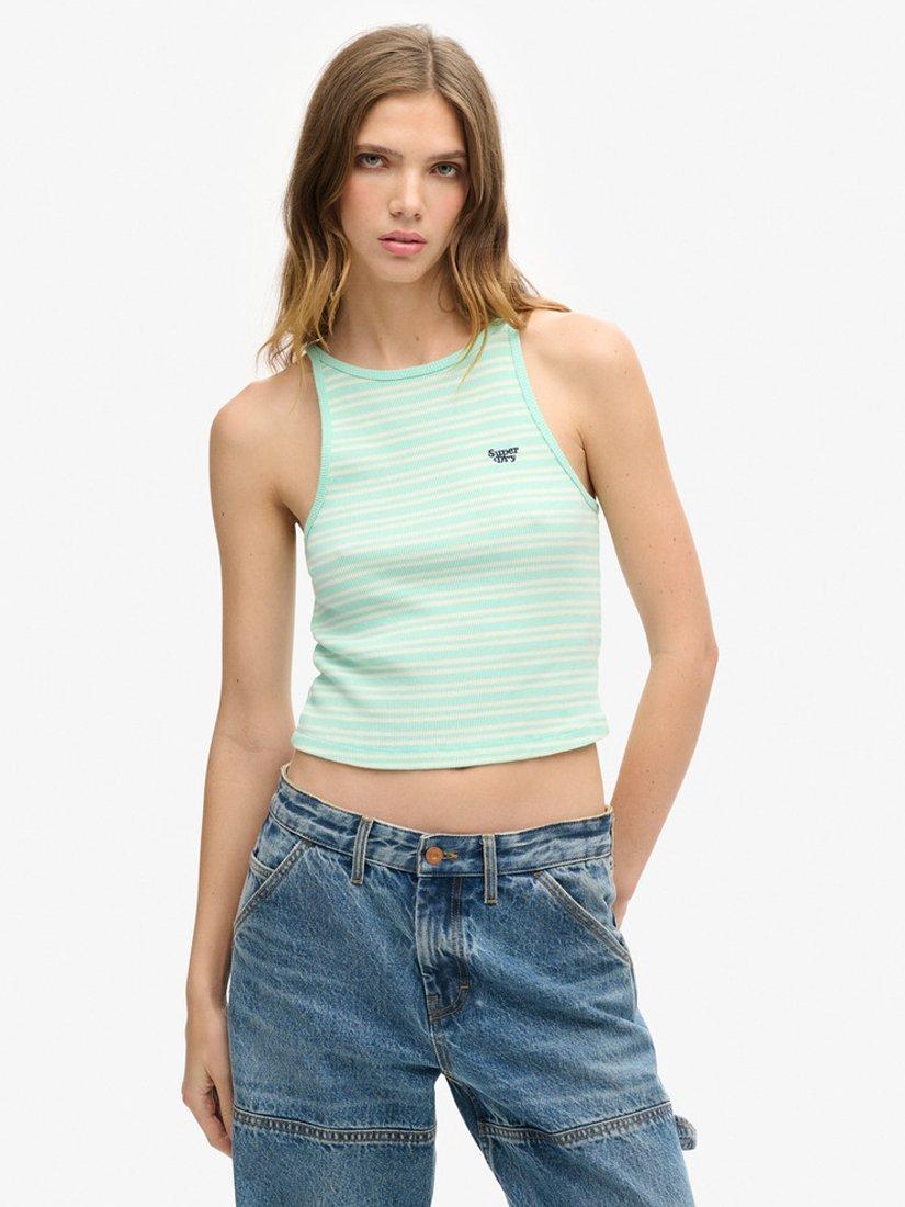 Product image 1 of 5, which shows Superdry Essential Logo Striped Racer Vest Top, Glass Green Stripe, 6-8
