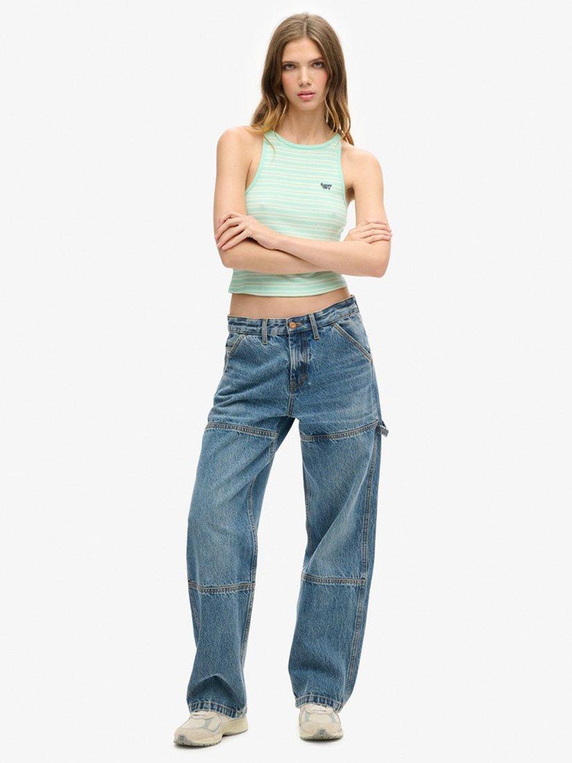Product image 2 of 5, which shows Superdry Essential Logo Striped Racer Vest Top, Glass Green Stripe, 6-8
