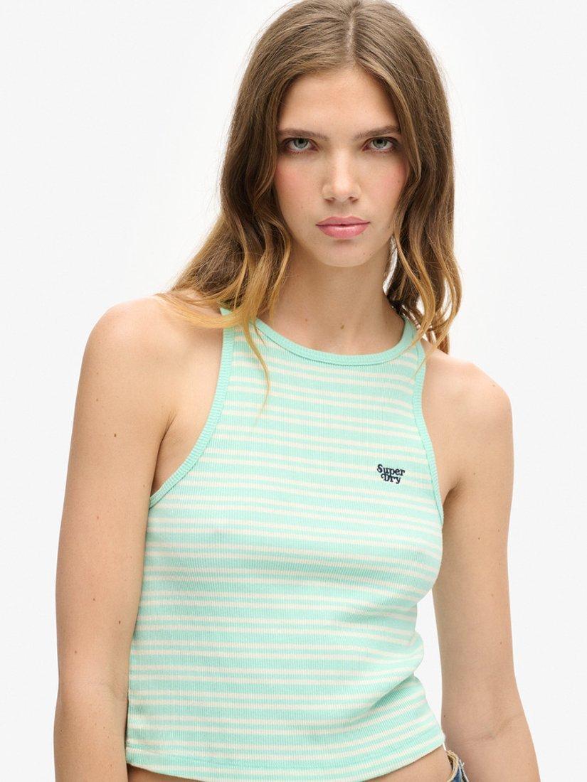 Product image 4 of 5, which shows Superdry Essential Logo Striped Racer Vest Top, Glass Green Stripe, 6-8