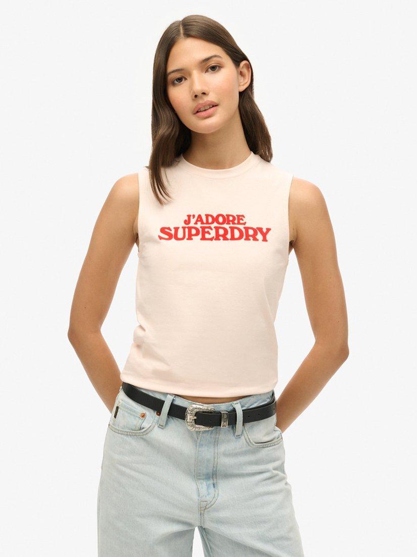 Product image 1 of 6, which shows Superdry Sport Luxe Graphic Fitted Tank Top, Mauve Morn Pink, 12