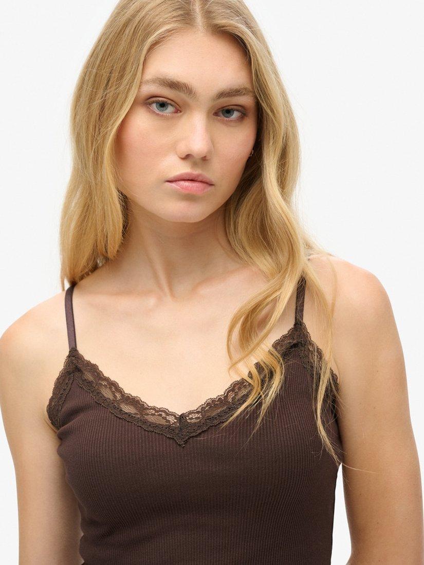 Product image 3 of 4, which shows Superdry Essential Lace Trim Cami Top, Dark Brown, 6-8
