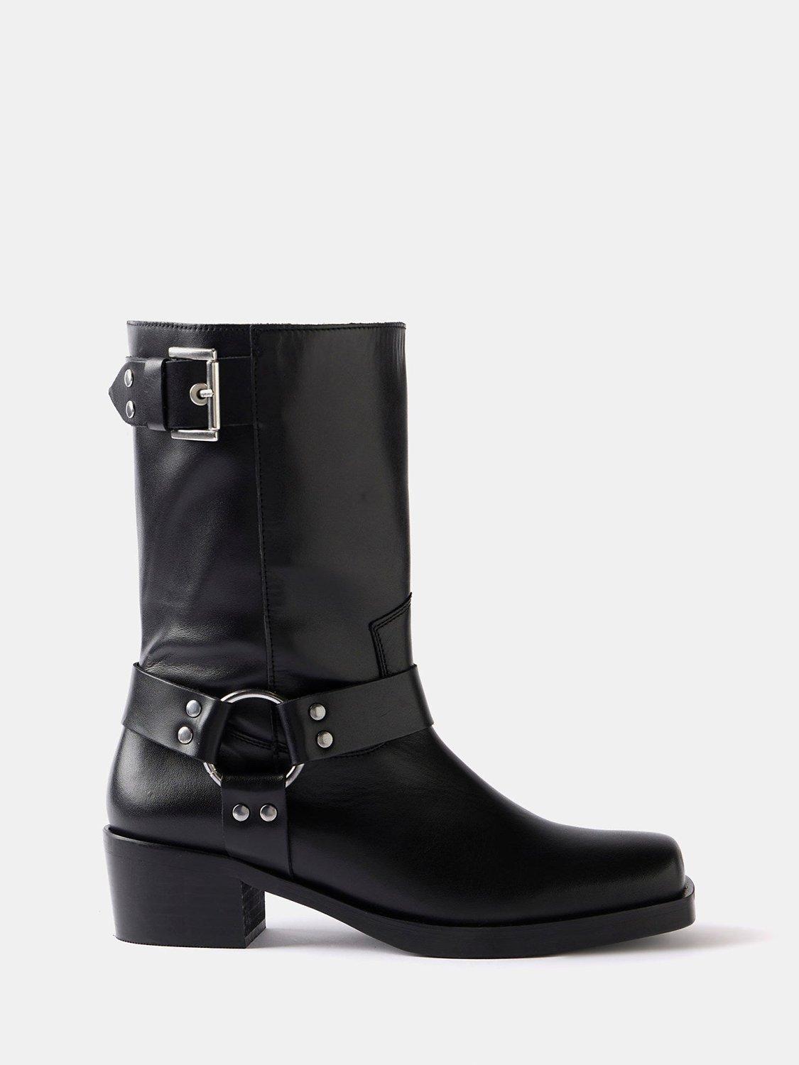 Mint Velvet Buckle Detail Leather Biker Boots, Black