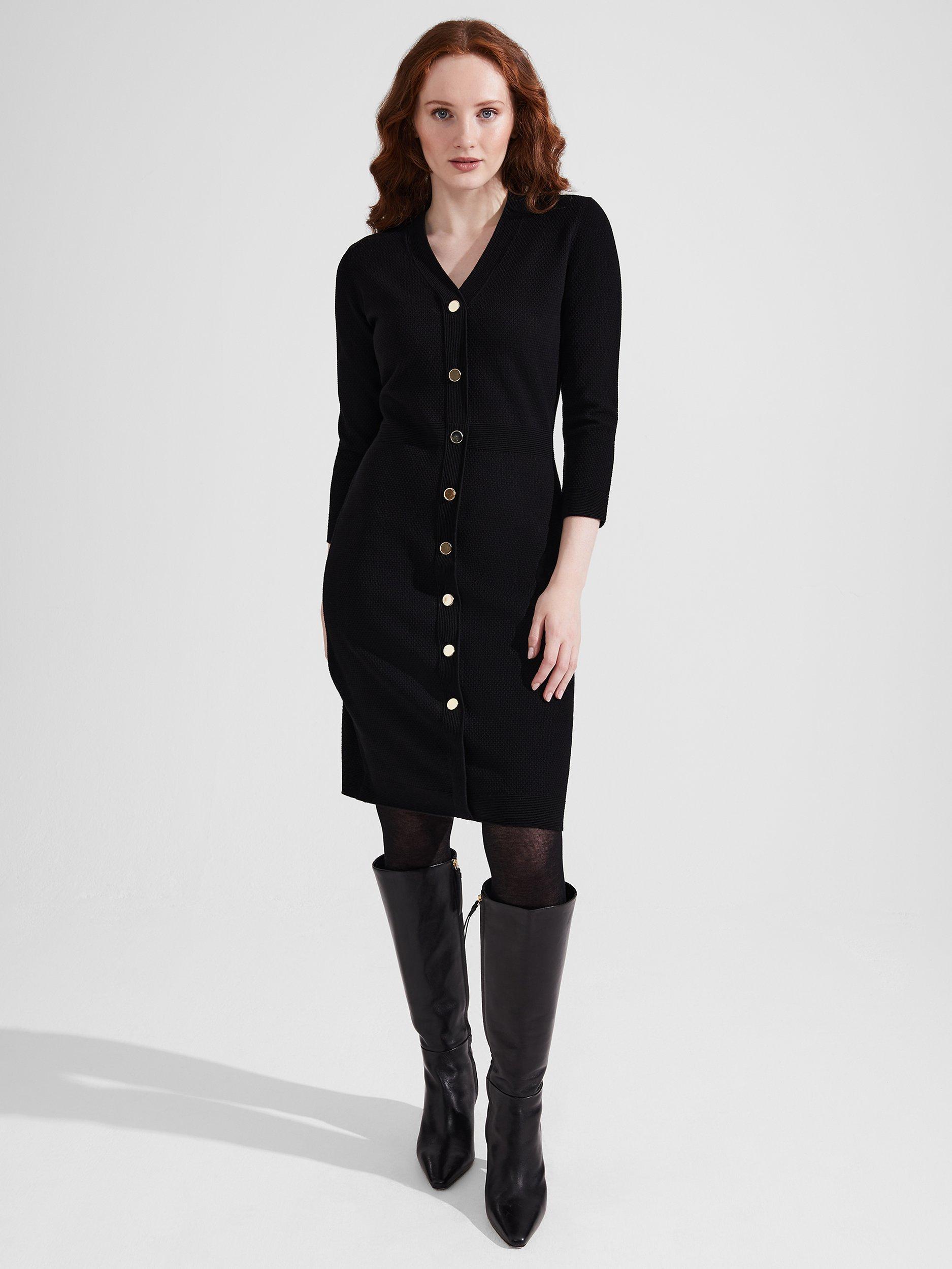 Hobbs Petite Marlee Rib Knit Button Front Dress, Black