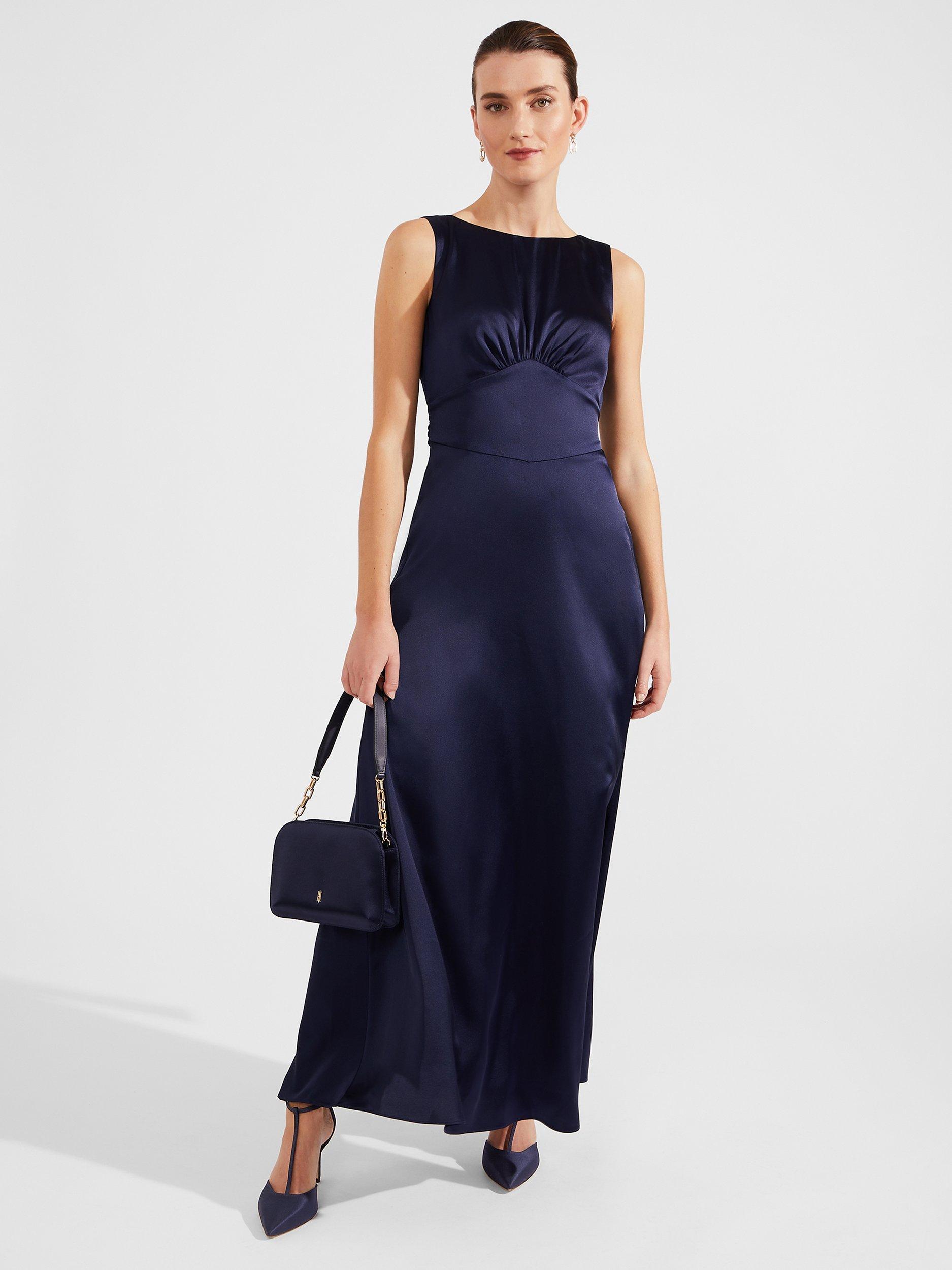 Product image 4 of 7, which shows Hobbs Jemma Empire Line Maxi Satin Dress, Midnight Navy, 16