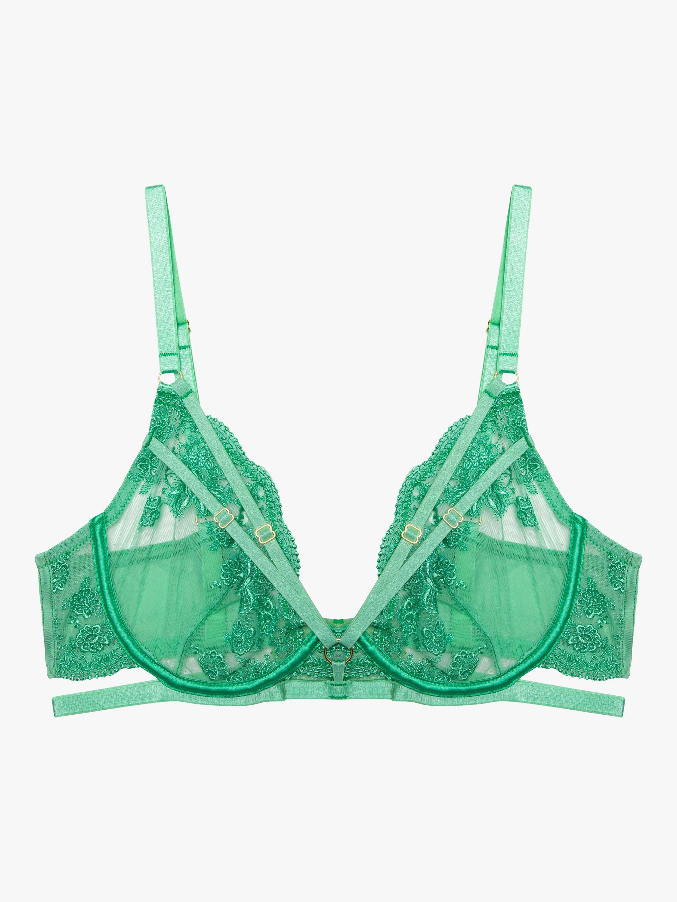 Wolf & Whistle Sarina Embroidered Strap Plunge Bra, Green, 32F