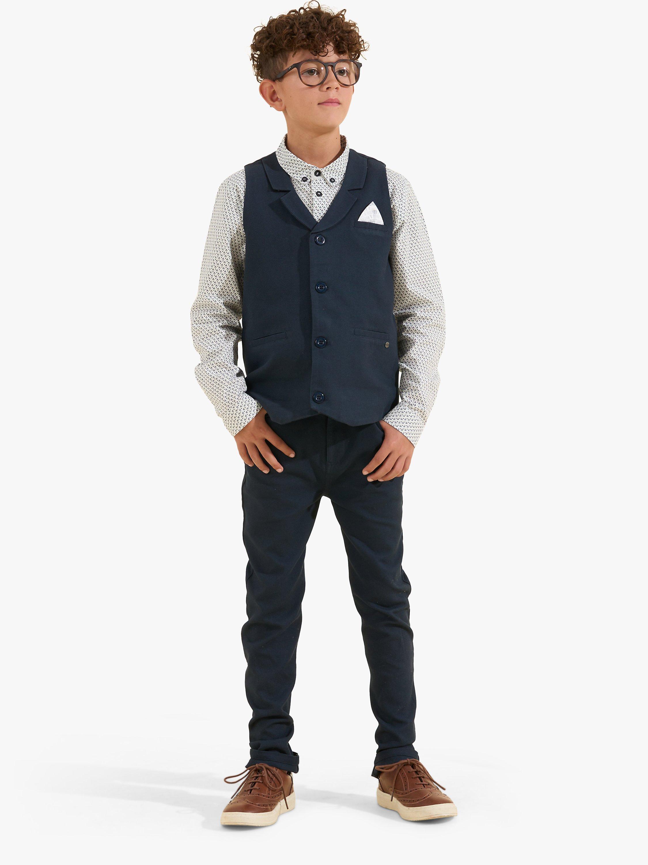 Product image 3 of 6, which shows Angel & Rocket Kids' Bernard Textured Waistcoat, Navy, 10 years