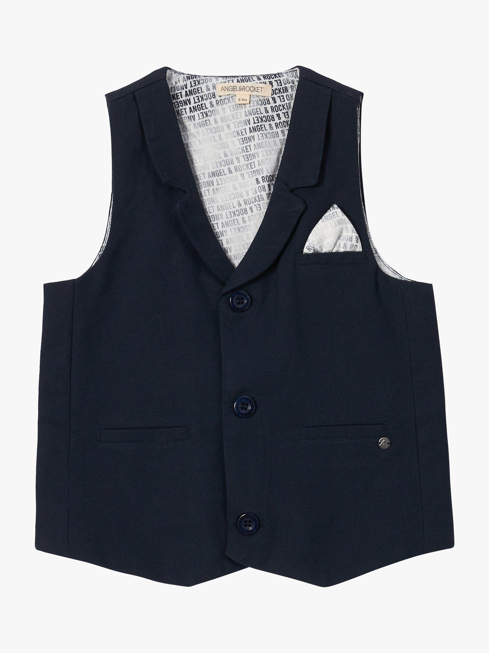 Product image 4 of 6, which shows Angel & Rocket Kids' Bernard Textured Waistcoat, Navy, 10 years