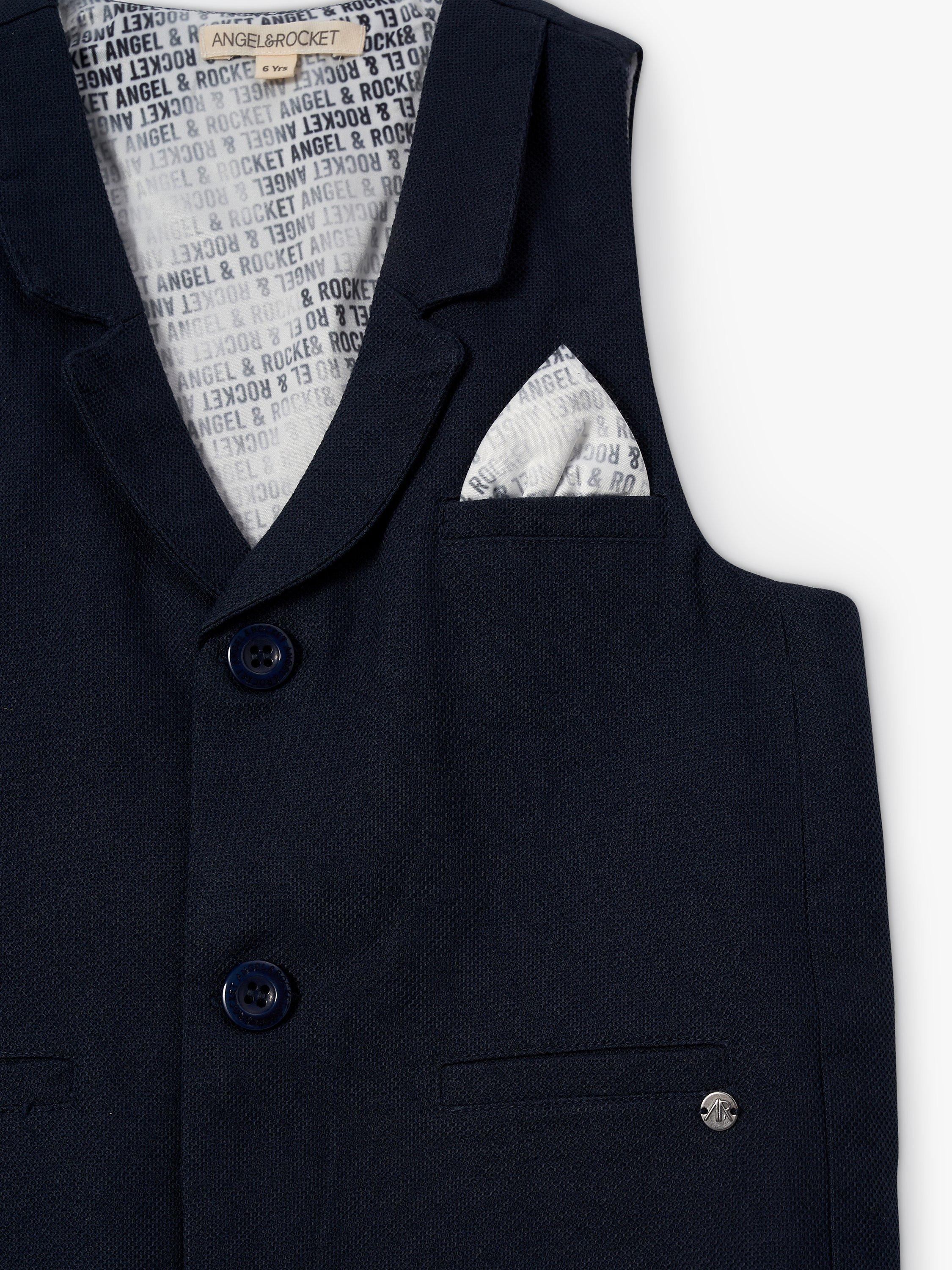 Product image 6 of 6, which shows Angel & Rocket Kids' Bernard Textured Waistcoat, Navy, 10 years