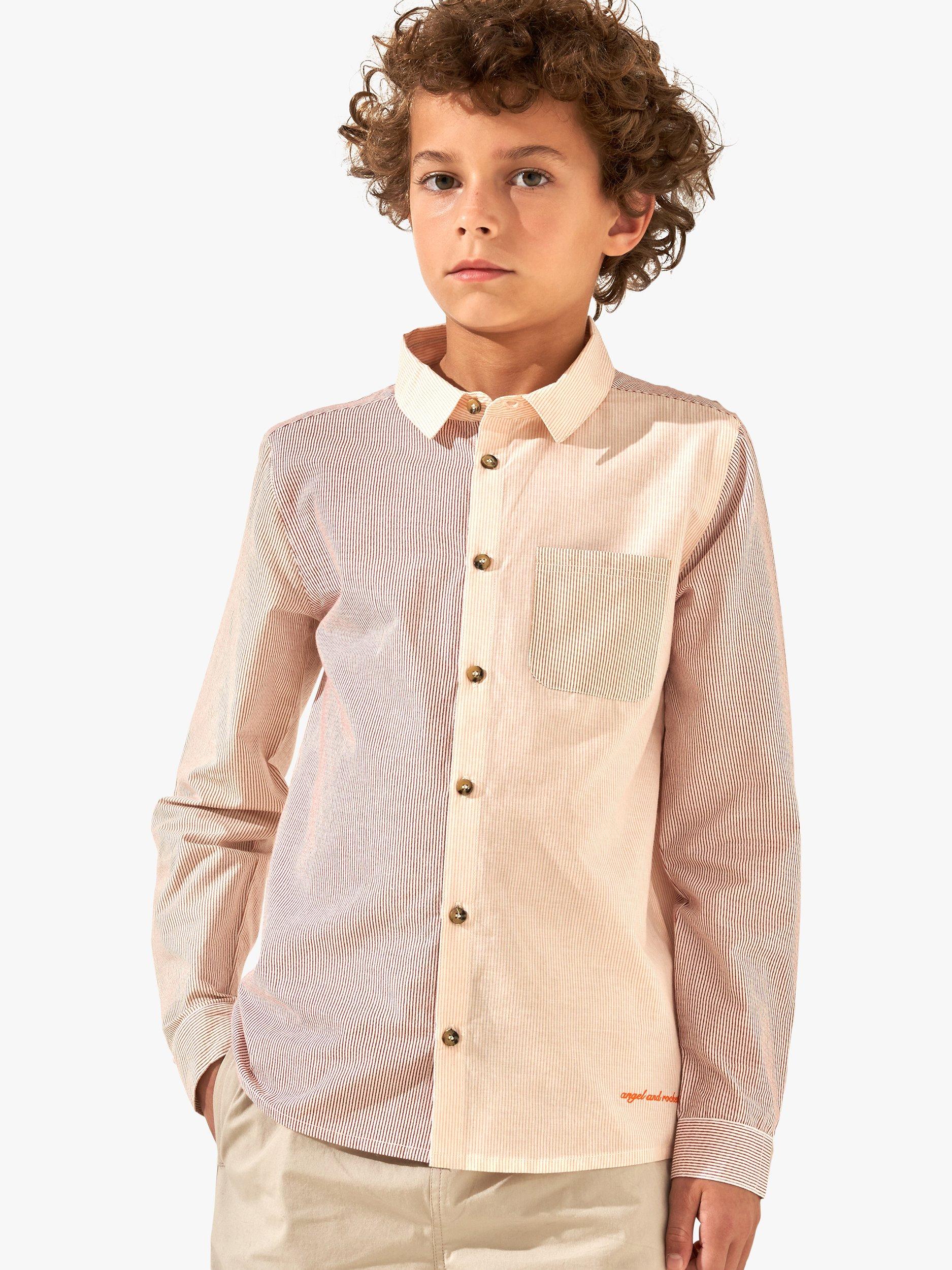 Product image 1 of 6, which shows Angel & Rocket Kids' Chase Stripe Panelled Shirt, Pink, 8 years