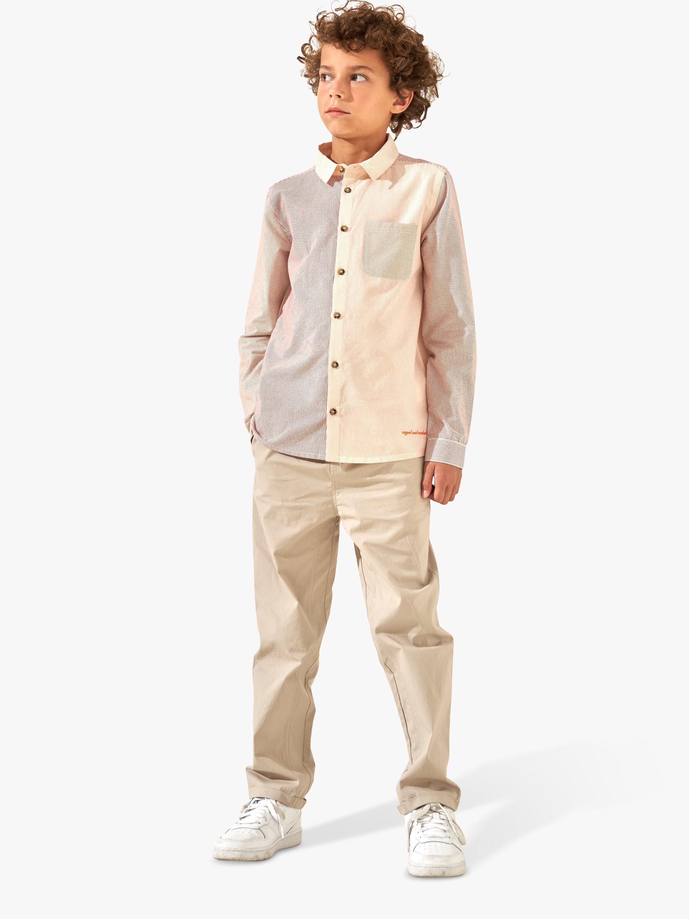 Product image 3 of 6, which shows Angel & Rocket Kids' Chase Stripe Panelled Shirt, Pink, 8 years